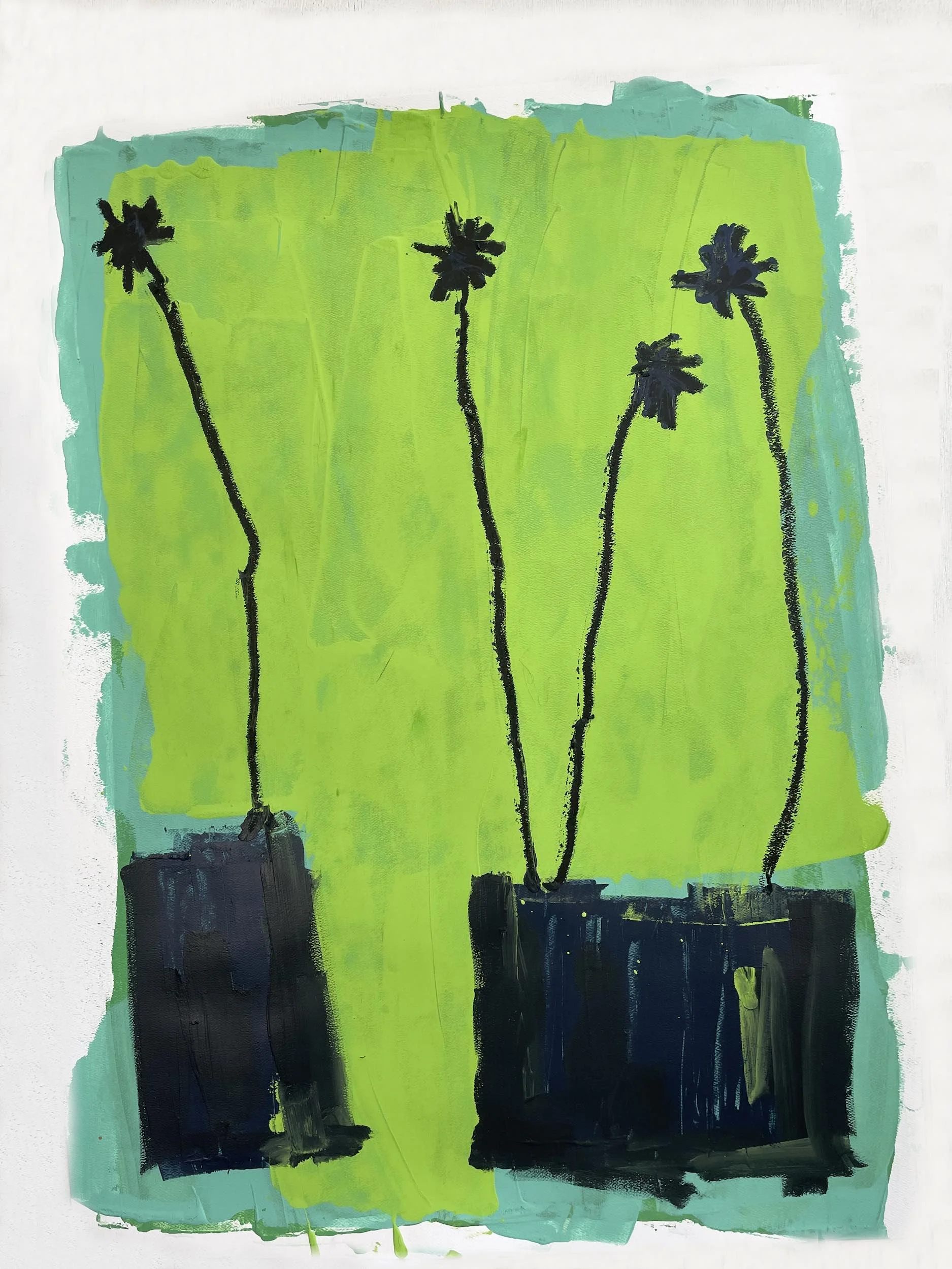 Abstract painting of four flowers with black stems and dark blue blooms in black pots against a green and turquoise background.