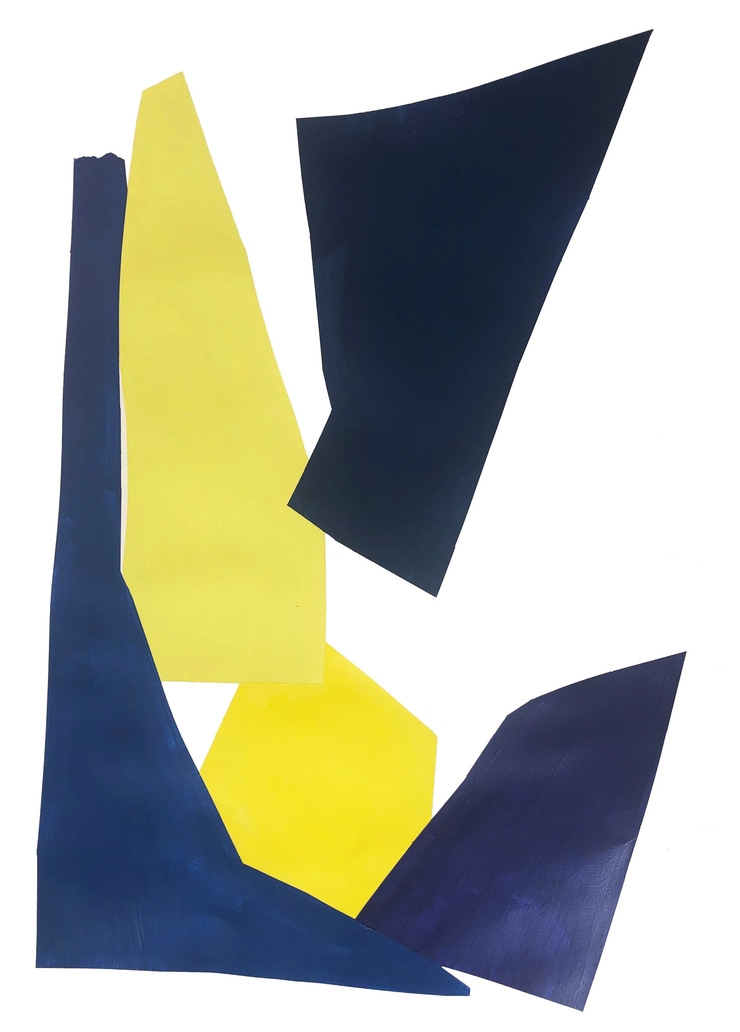 Abstract artwork with colored shapes in blue, black and yellow.