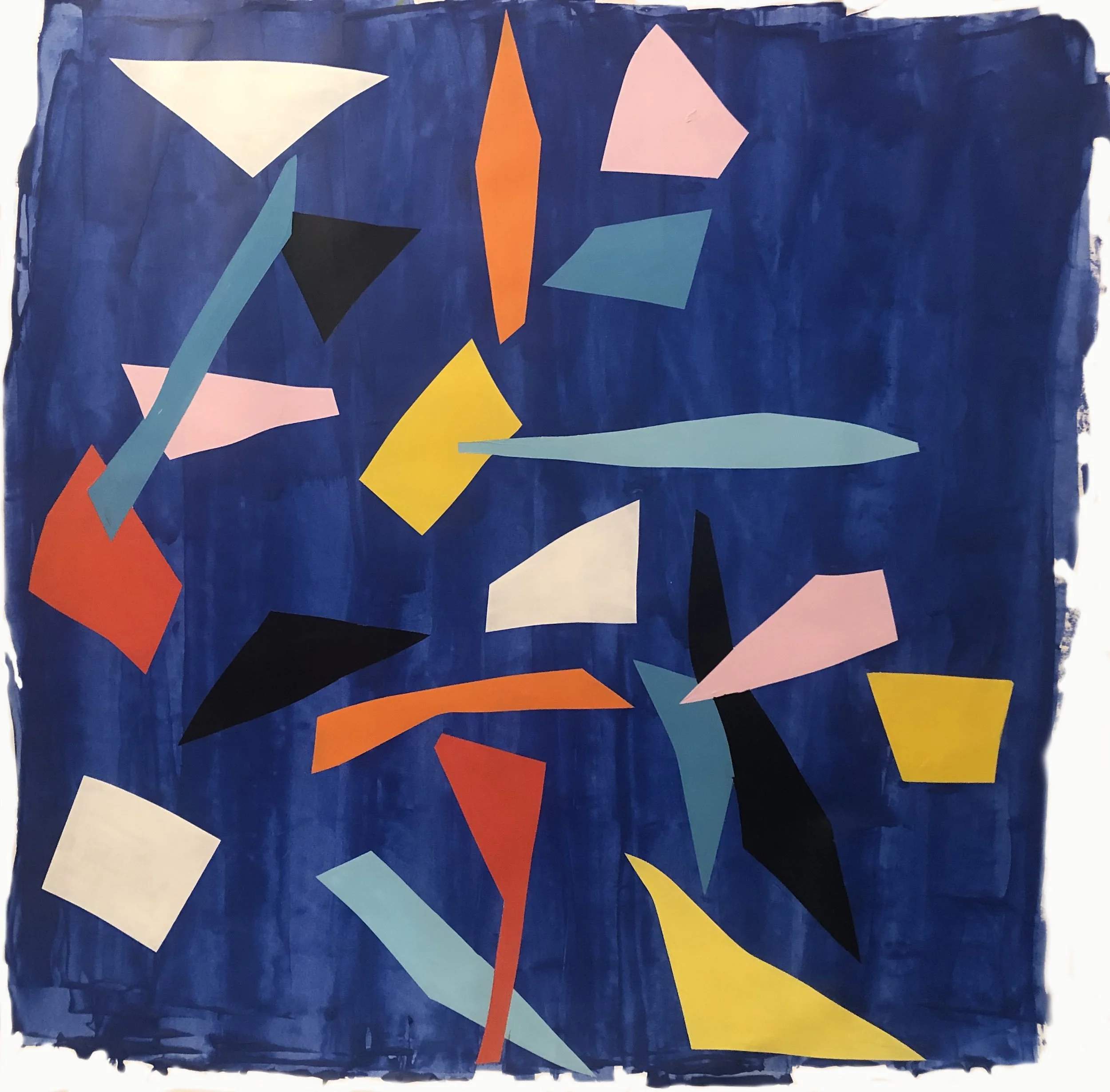 Abstract geometric shapes in various colors on a blue background.