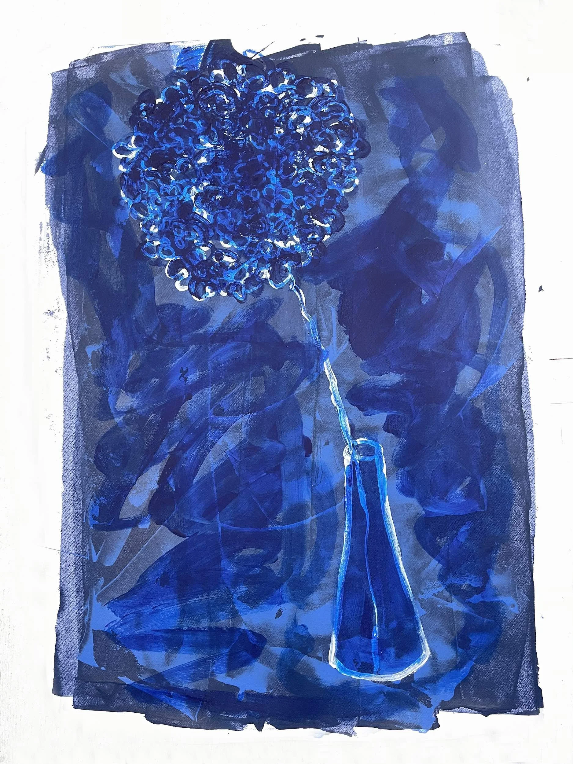 An abstract painting of a person holding a flower with a curly blue bloom, painted in various shades of blue on a canvas with a white background.