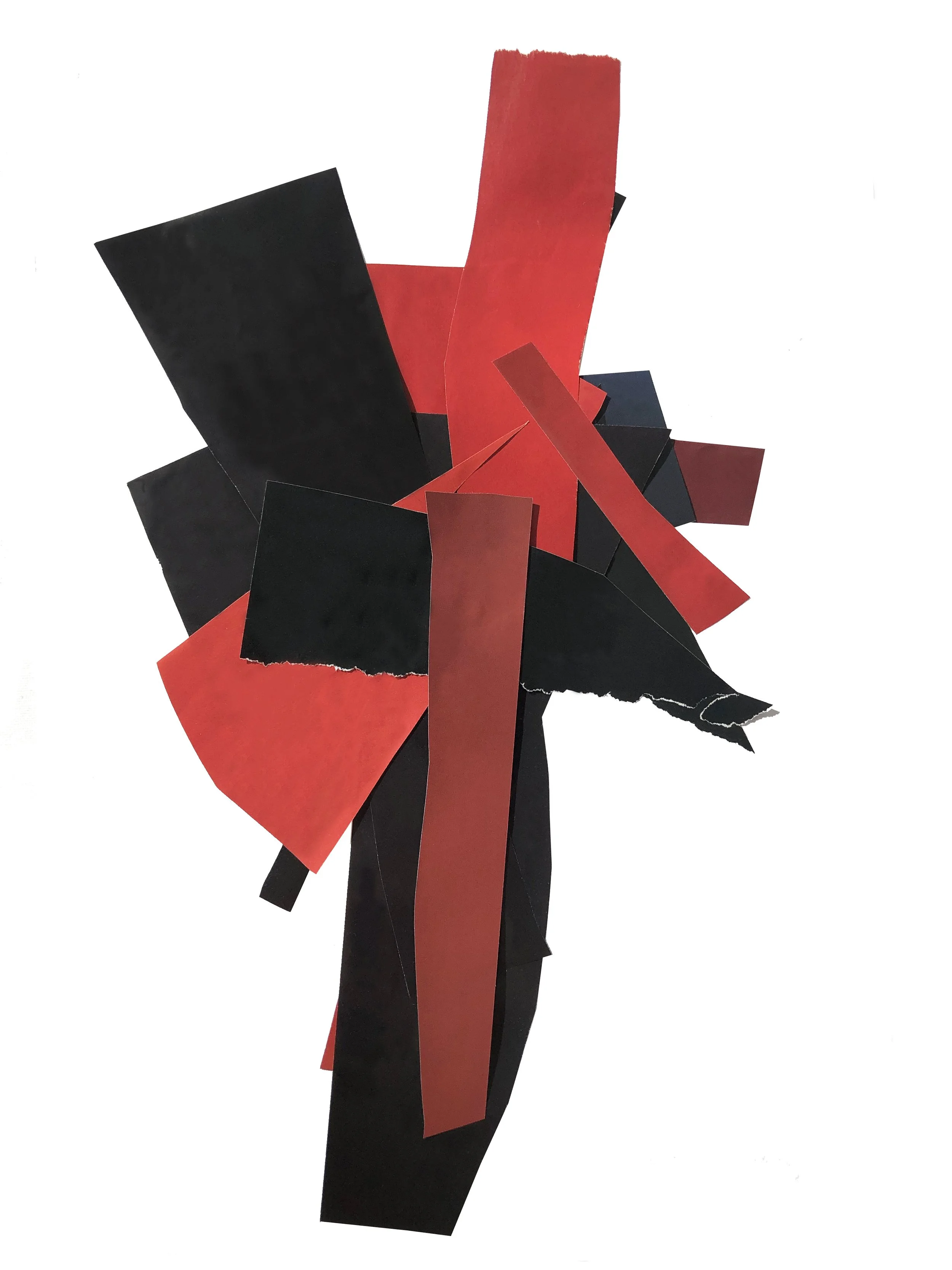 Abstract artwork with colored shapes in red and black.