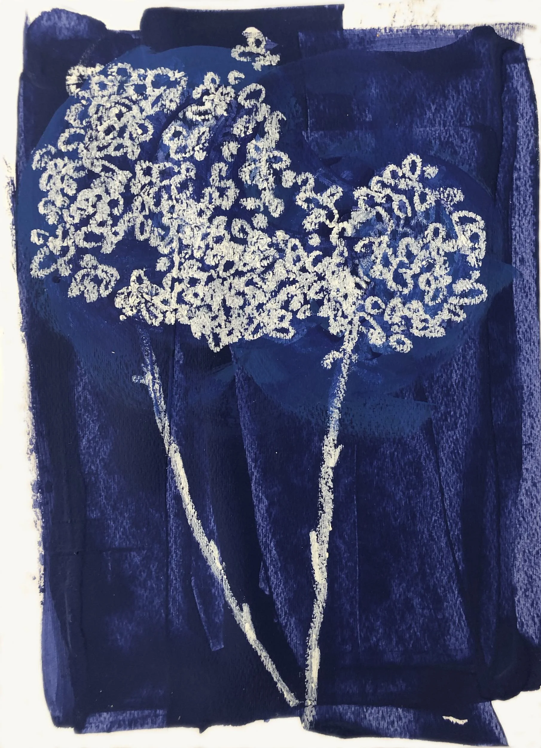 A blue painting of a flower with white petals and green stems on a dark blue background.
