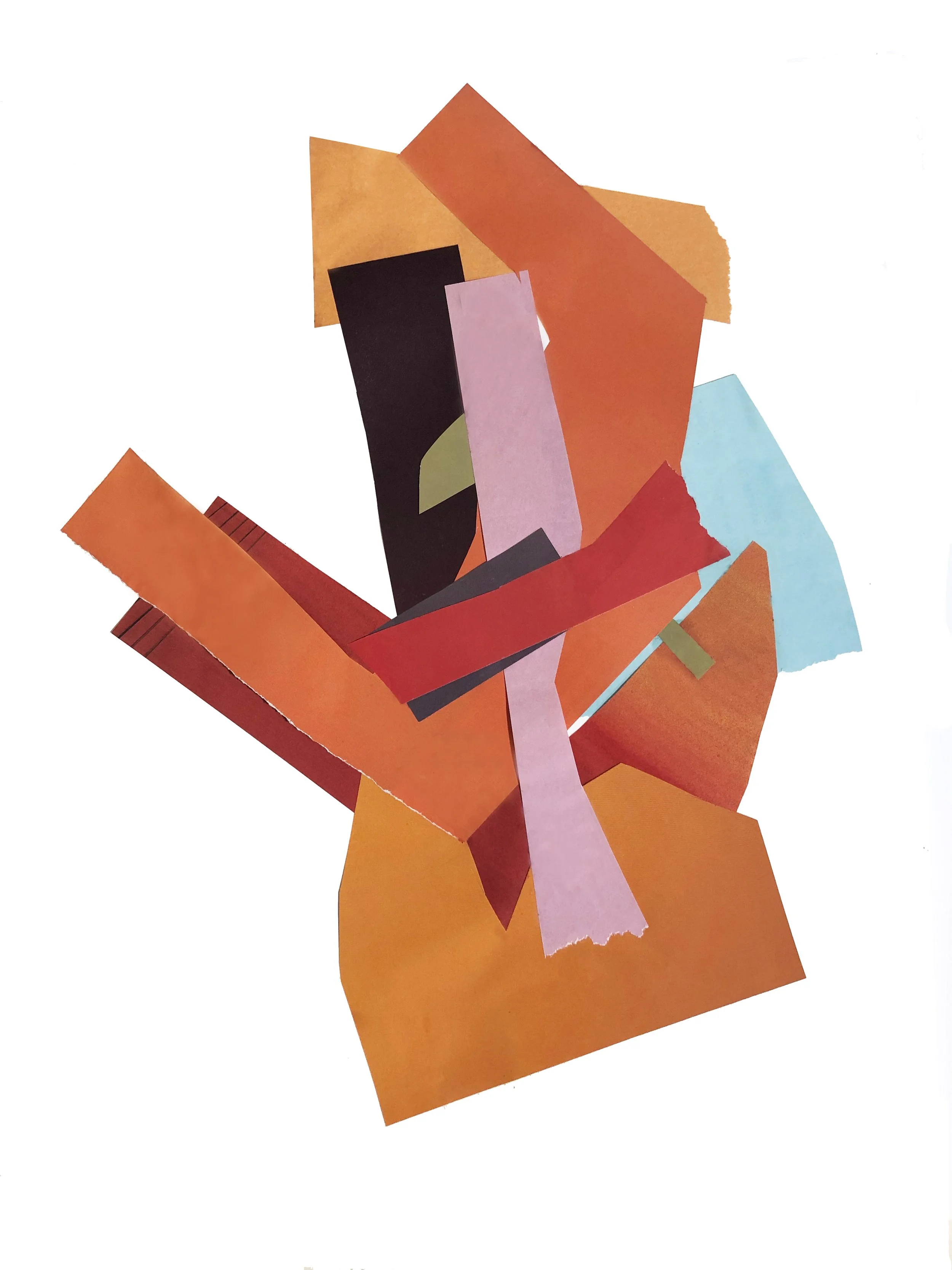 Abstract artwork with colored shapes in orange, red, pink and blue.
