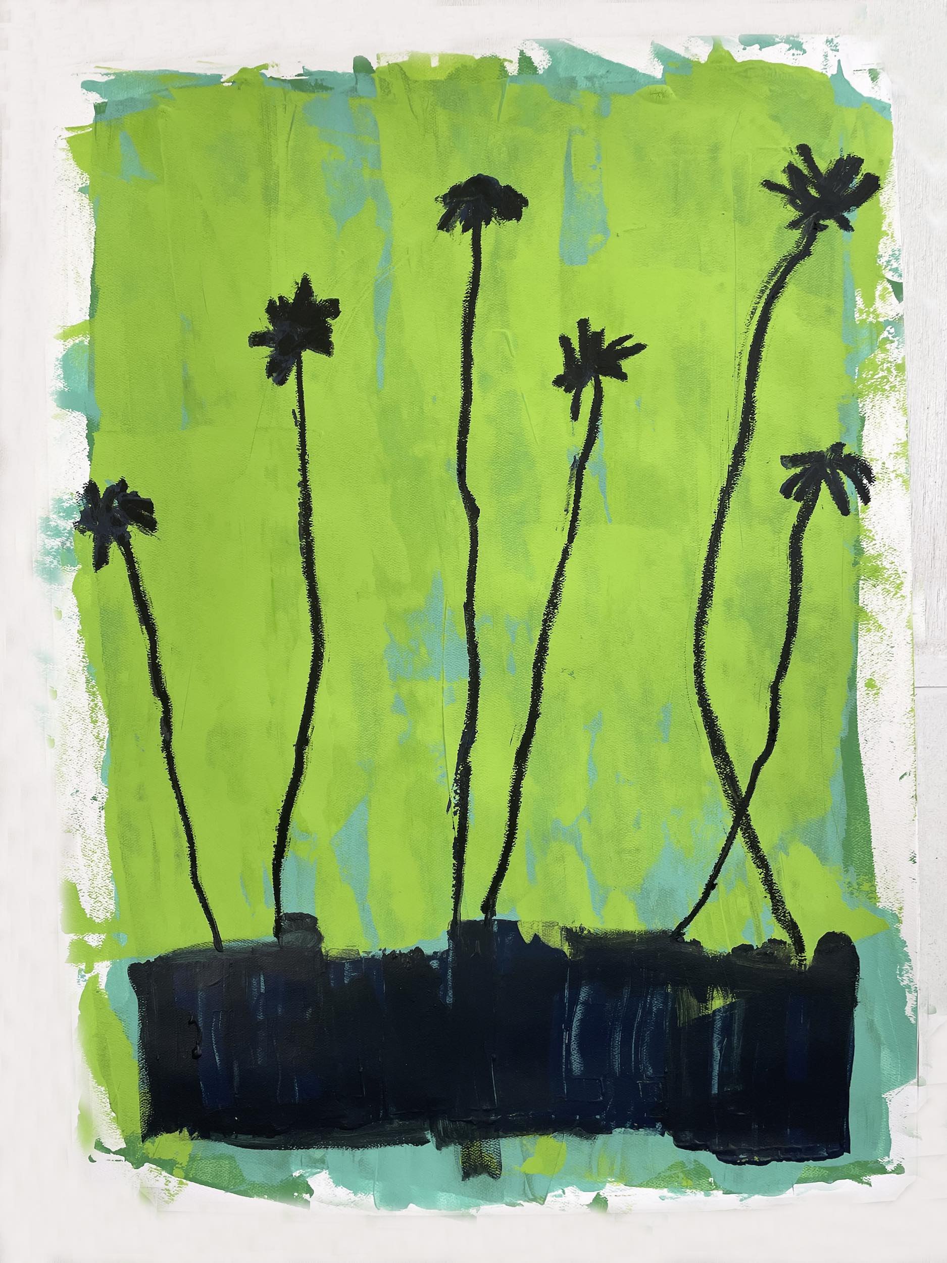Painting of tall black flowers on a bright green background with a black base at the bottom.