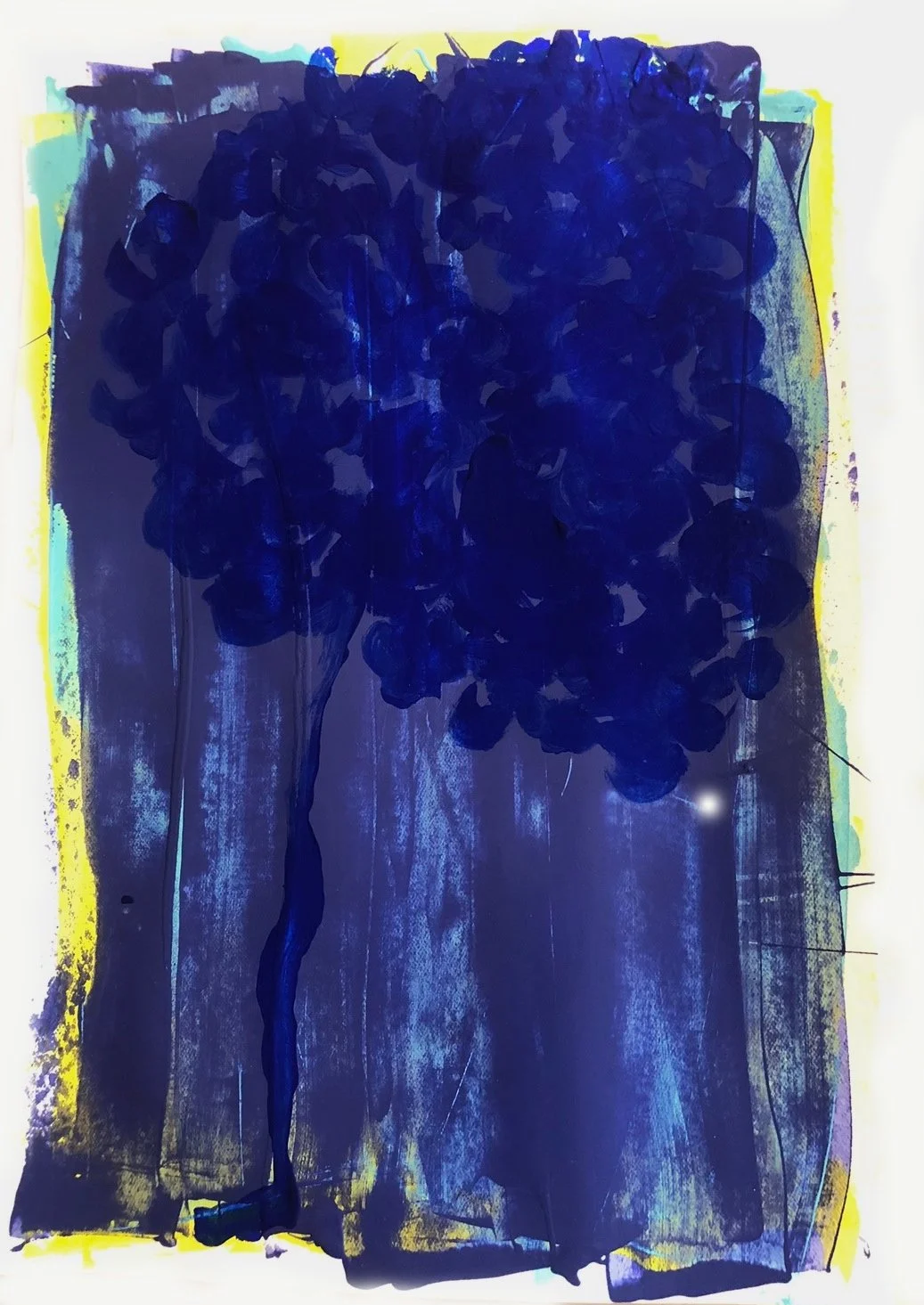 Abstract painting of a dark blue tree with a thick trunk and rounded canopy, surrounded by a yellow border and a light background.