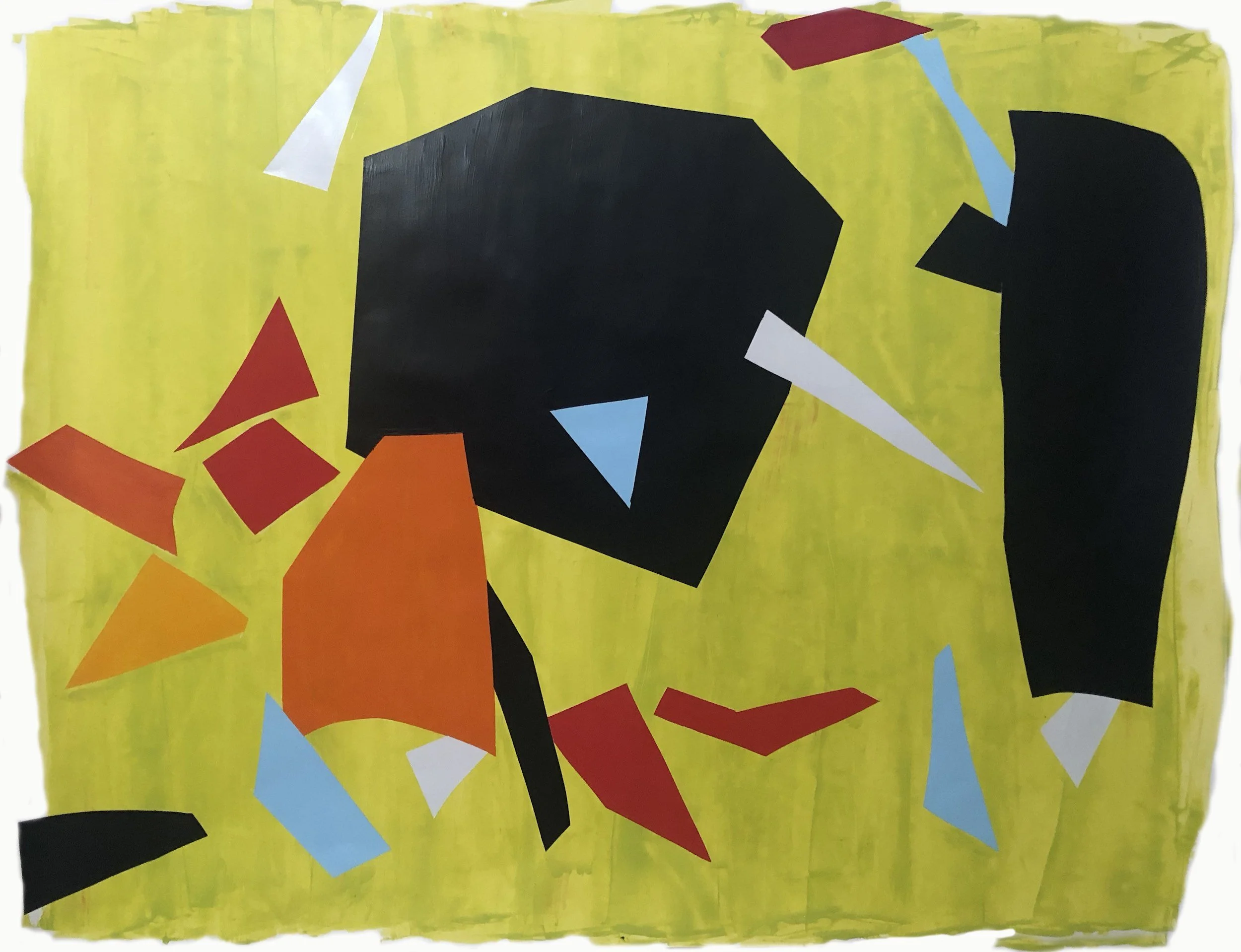 Abstract collage featuring geometric shapes in red, orange, black, blue, and white on a yellow textured background.