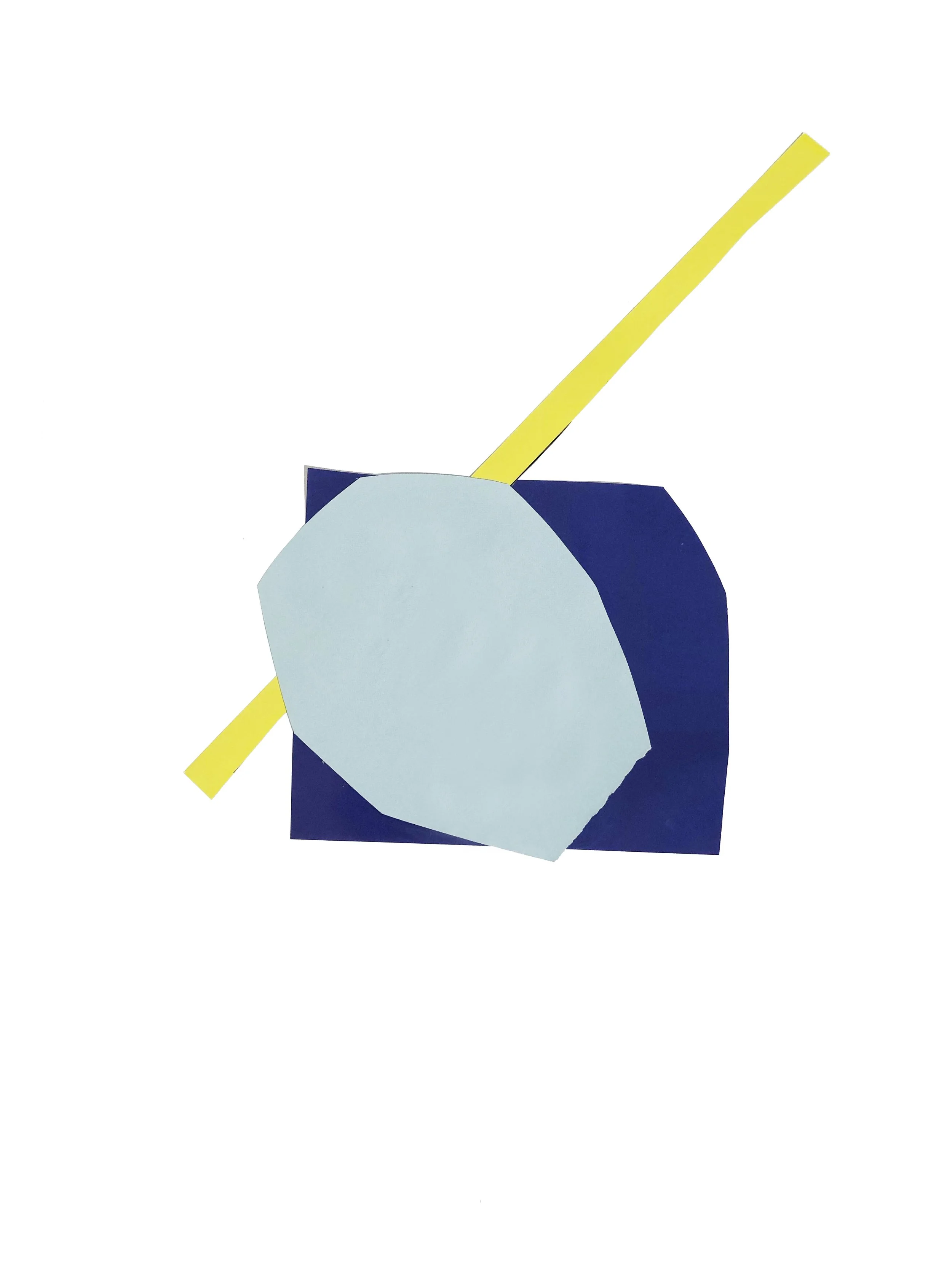 Abstract artwork with colored shapes in blue,  and yellow.