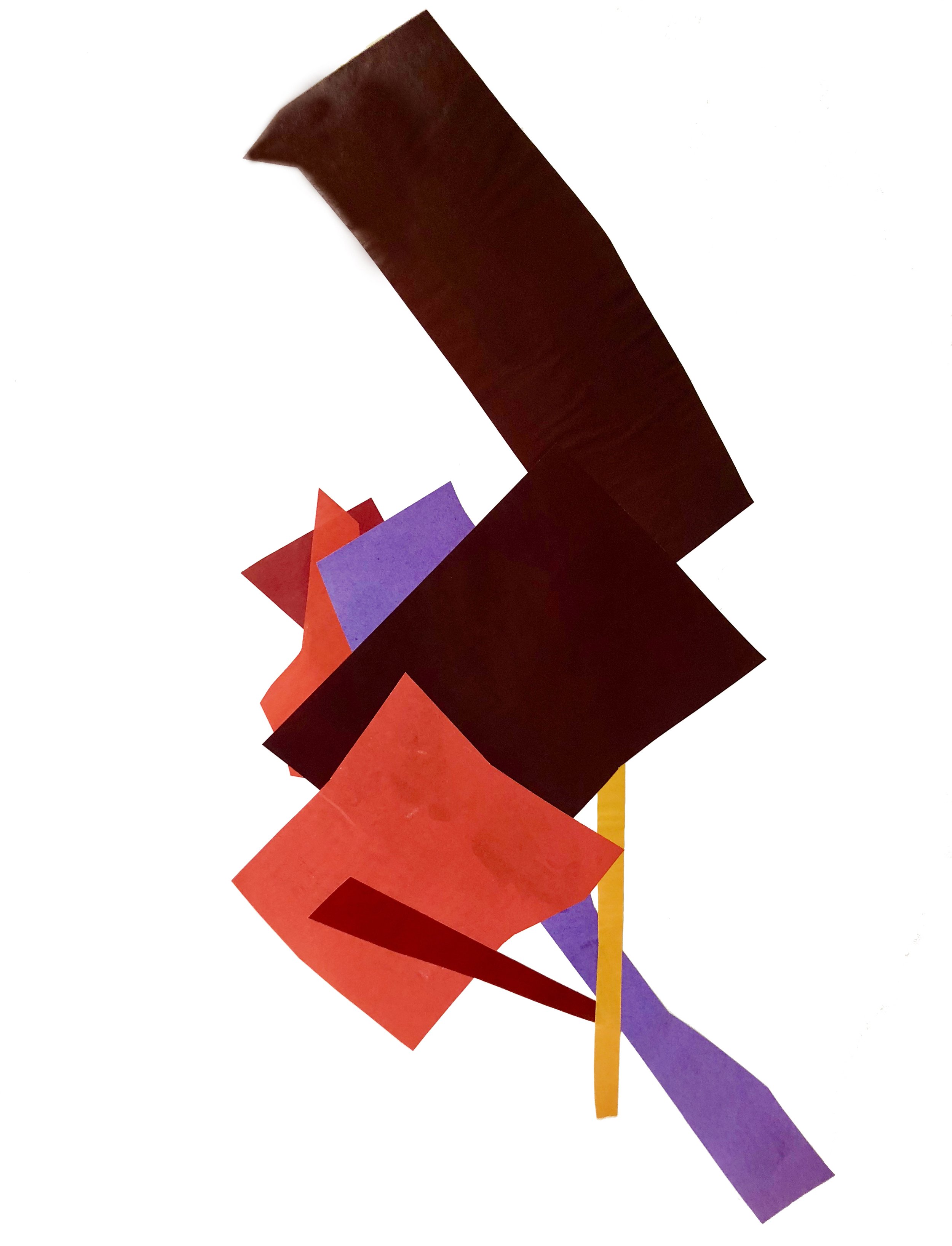 Abstract artwork with colored shapes in red, purple and black.