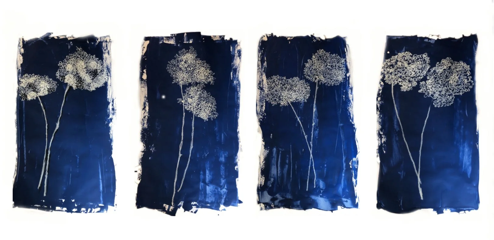 Four rectangular panels with abstract floral designs in white on dark blue backgrounds.