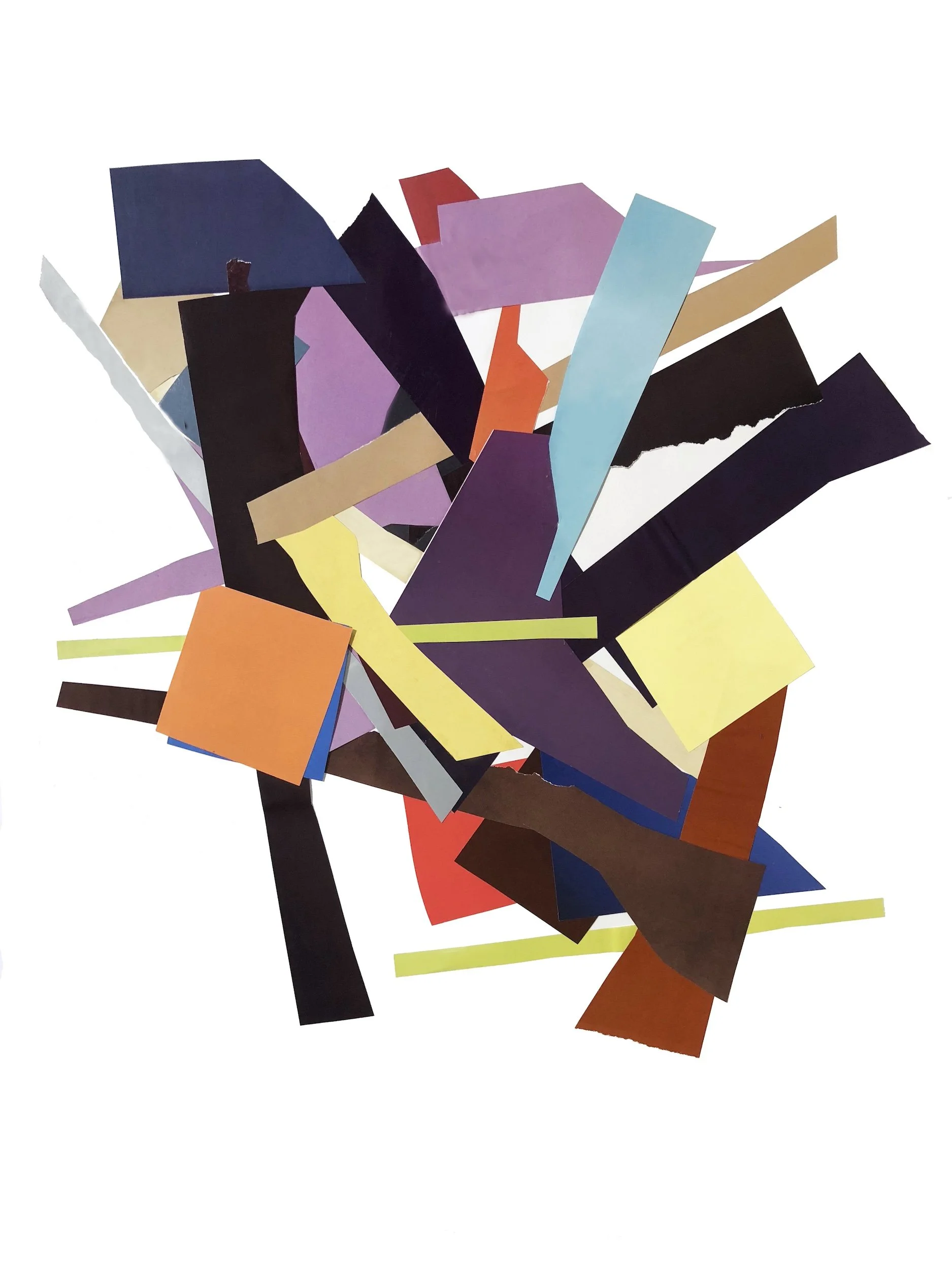 Abstract collage of torn colored paper pieces arranged on a white background.