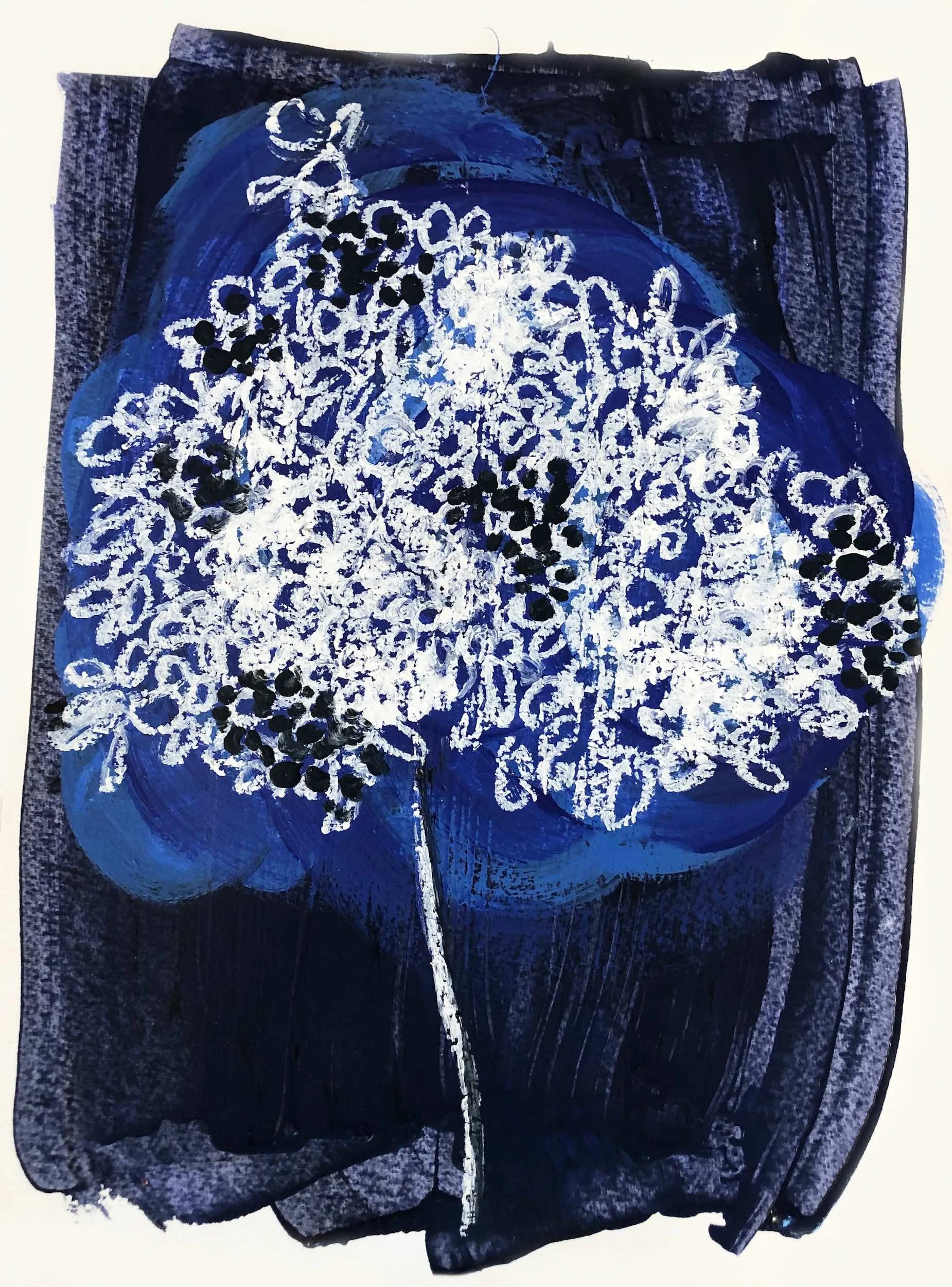 Abstract painting of a white flower with black accents on a dark blue background with black and blue borders.