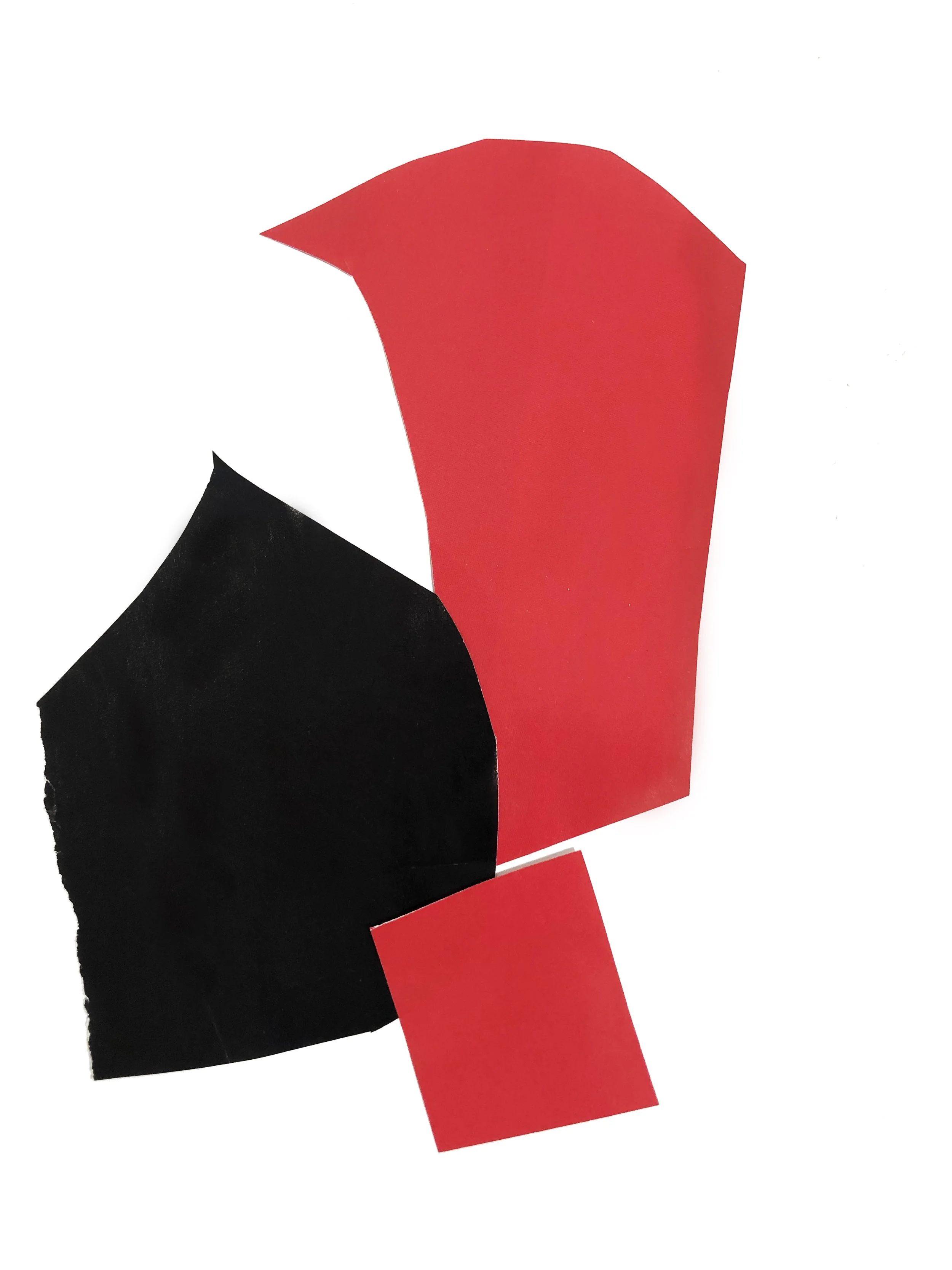 Abstract artwork with colored shapes in red and black.