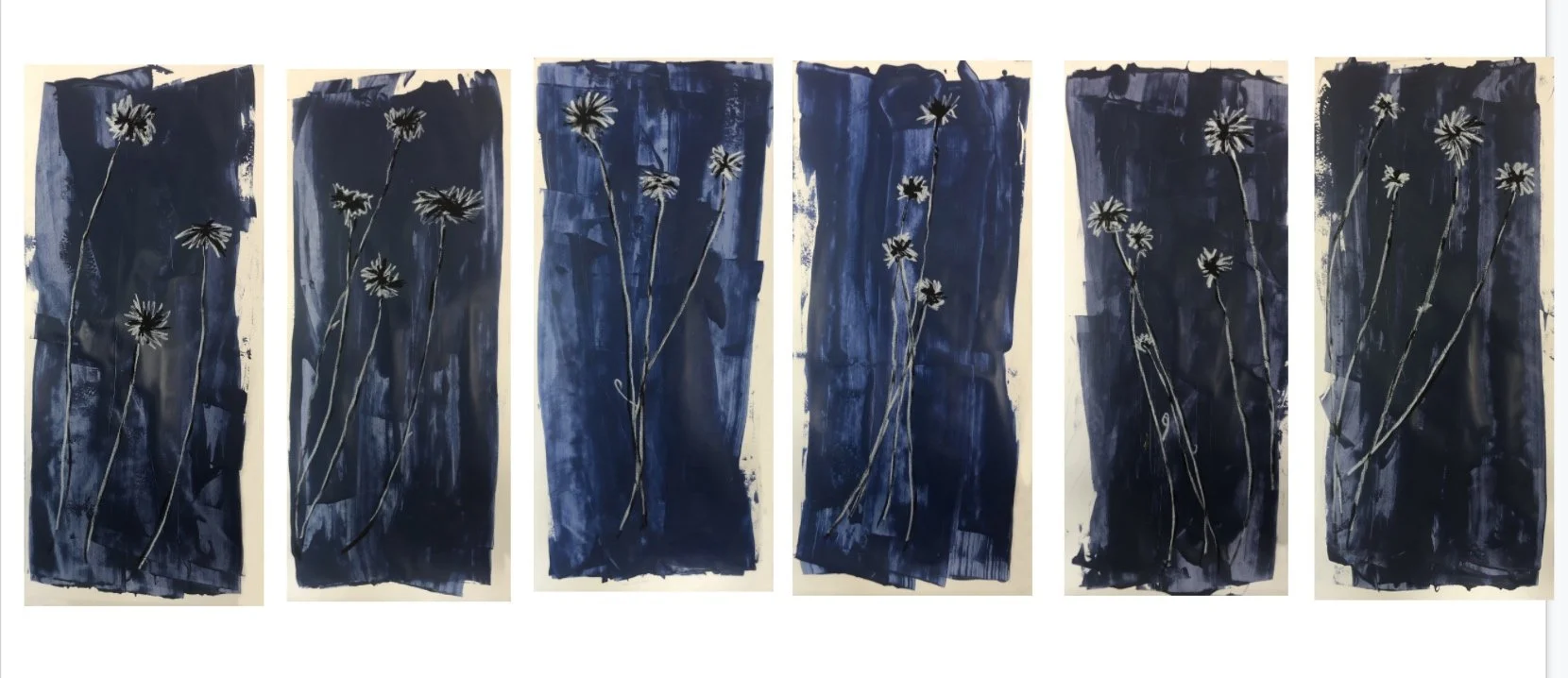 Six vertical abstract paintings featuring dark blue backgrounds with white flower sketches and long, delicate stems.