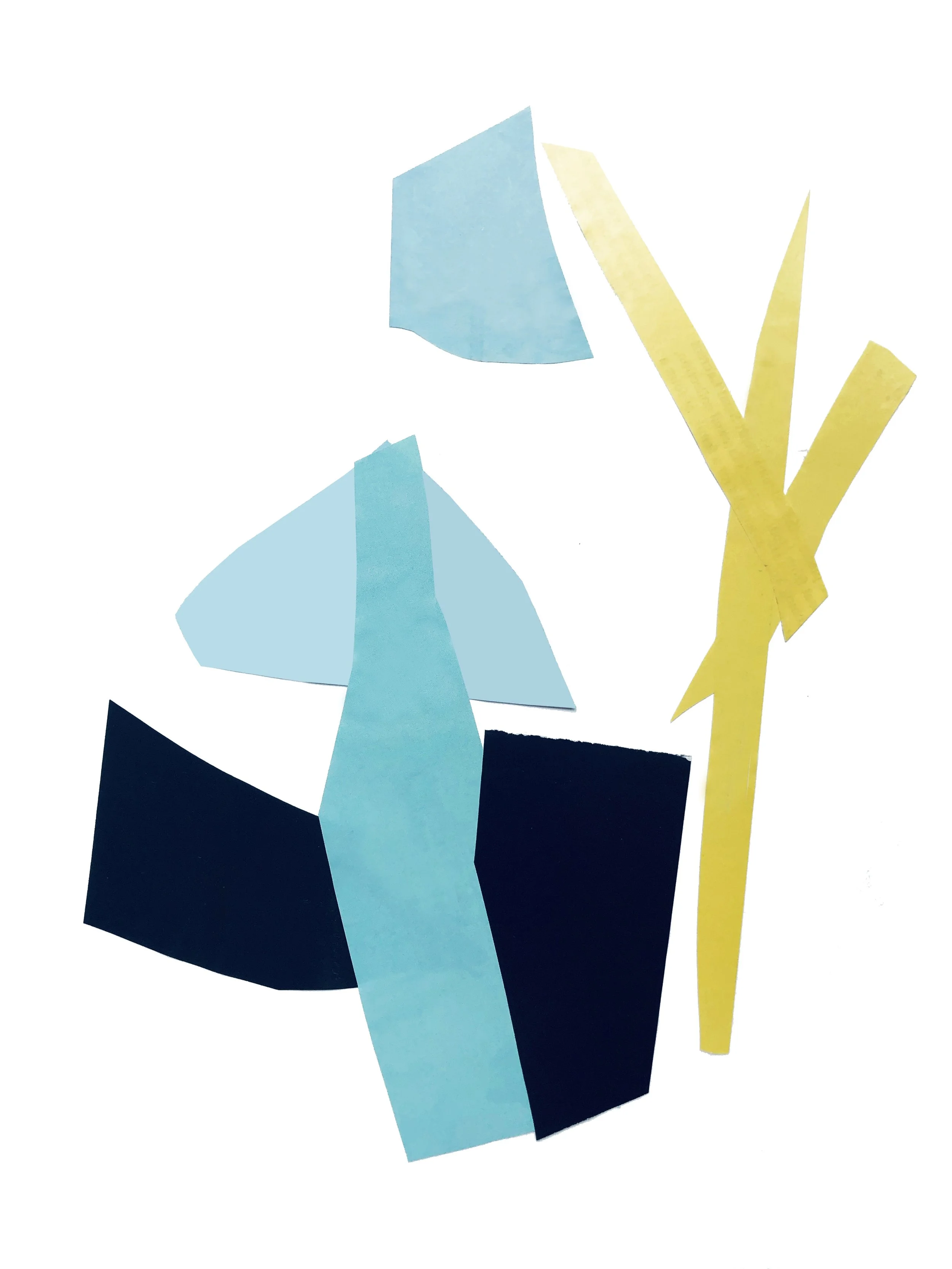 Abstract artwork with colored shapes in turquoise, black and yellow.