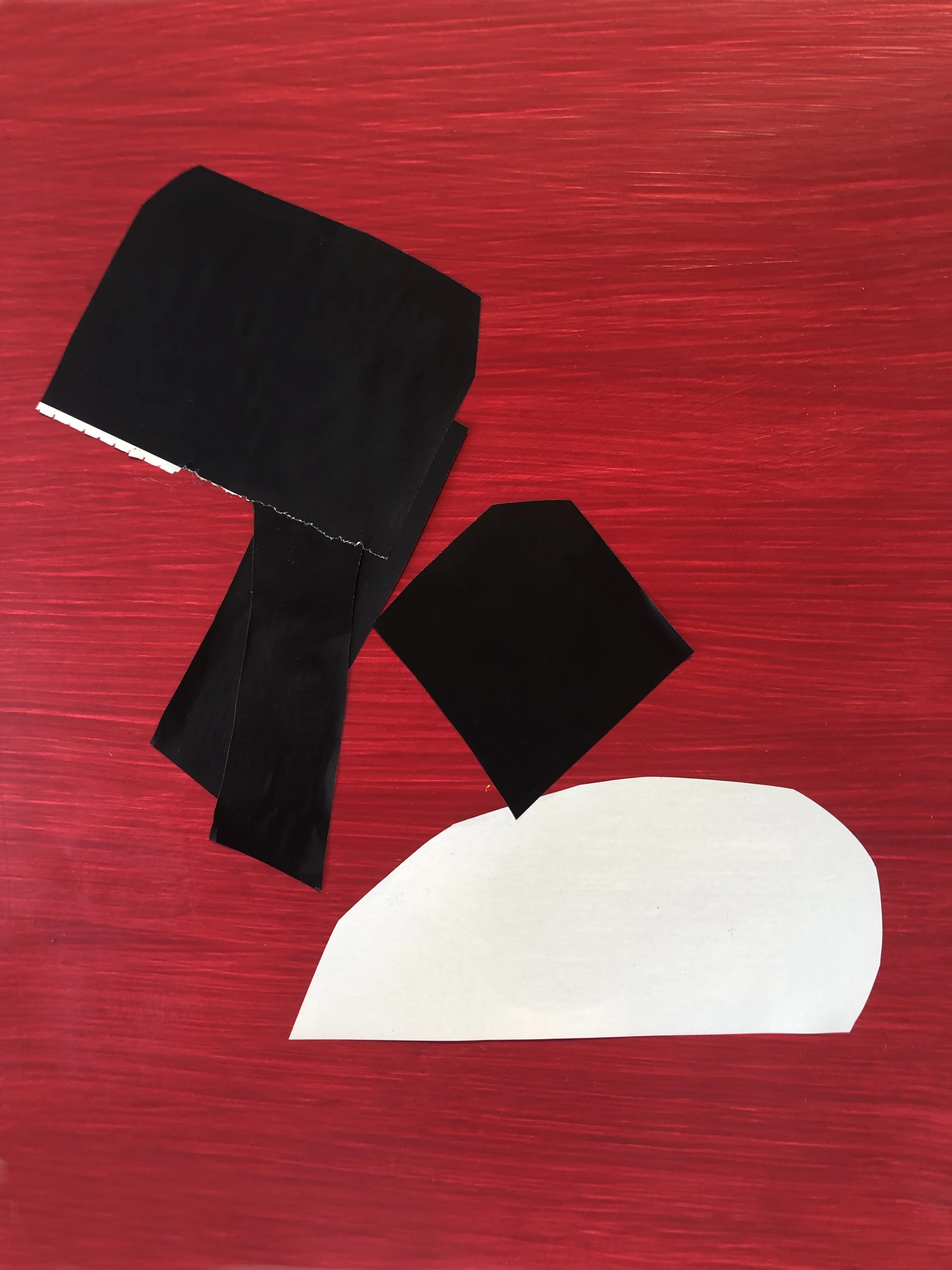 Abstract artwork with colored shapes in black and white on red background.