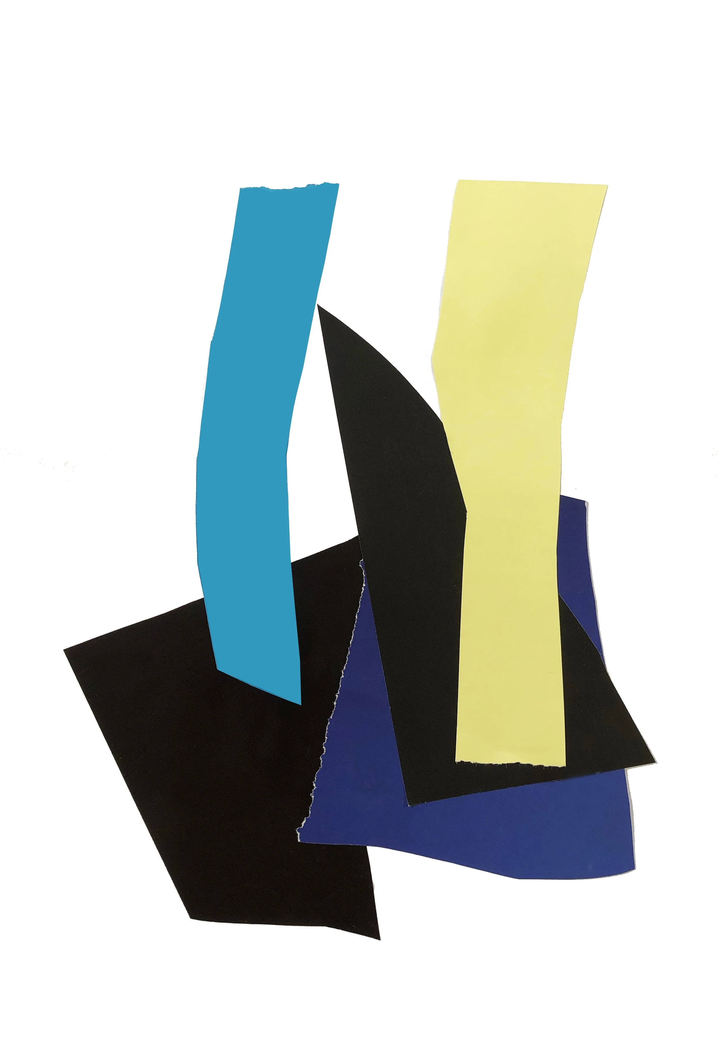 Abstract artwork with colored shapes in blue, black and yellow.