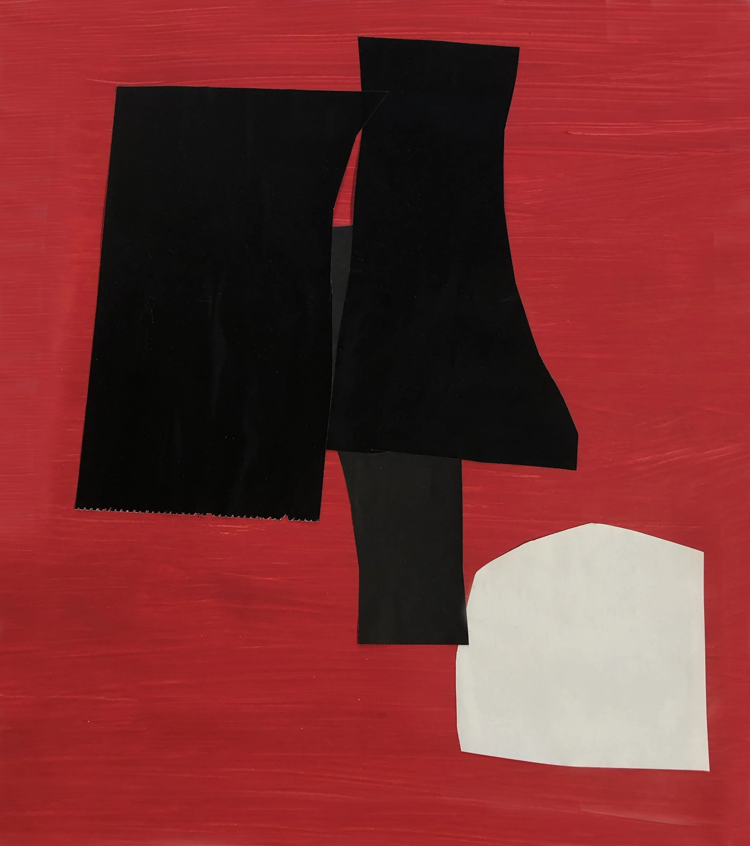 Abstract artwork with colored shapes in black and white on red background.