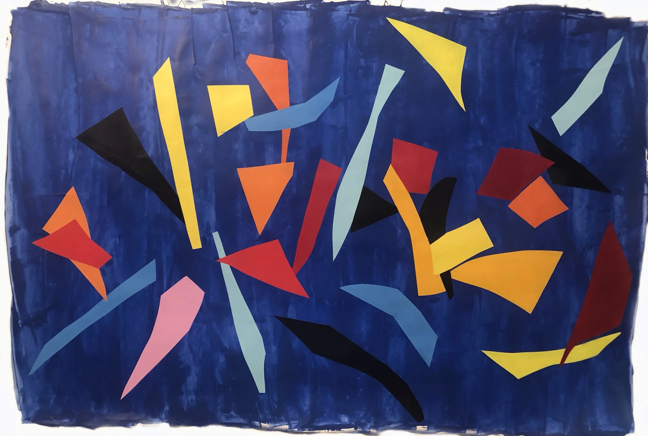 Abstract artwork featuring various geometric shapes in bright colors such as yellow, red, orange, black, light blue, and pink, set against a dark blue background.