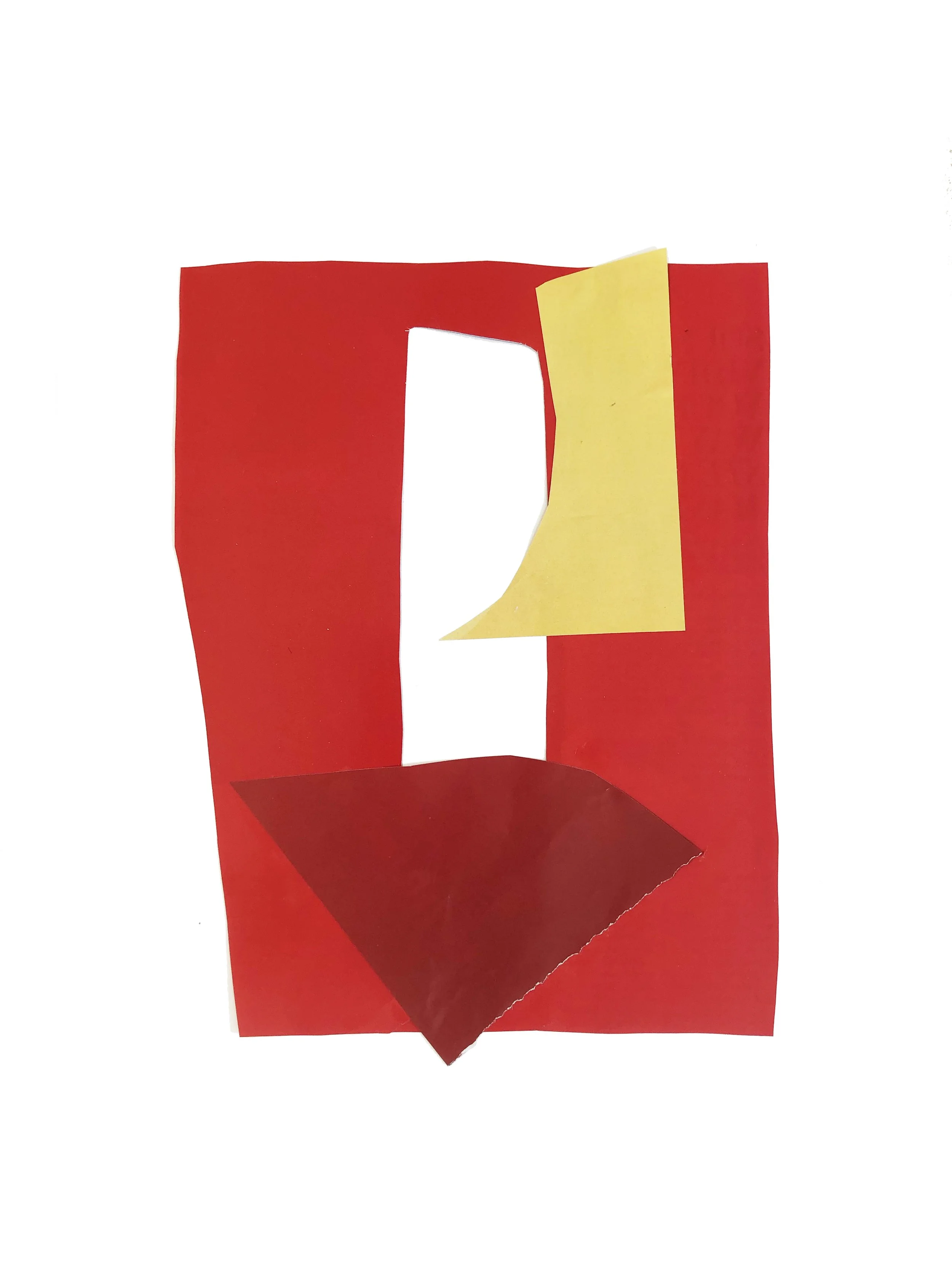 Abstract artwork with colored shapes in red and yellow.