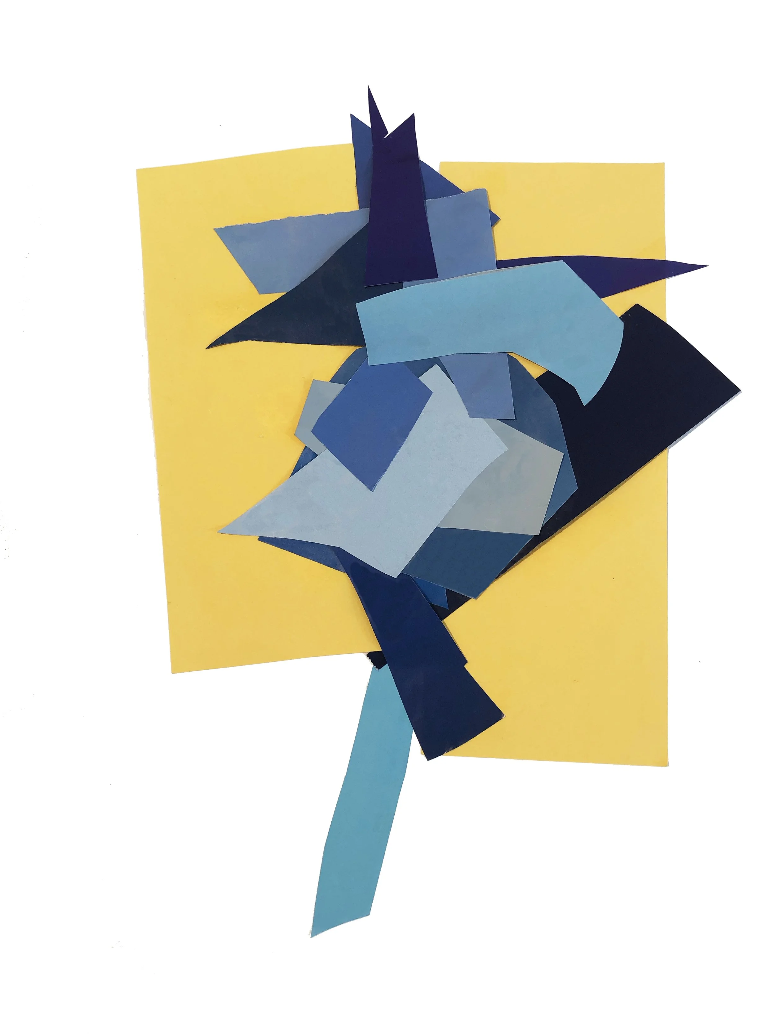 Abstract artwork with colored shapes in blue, on yellow background.