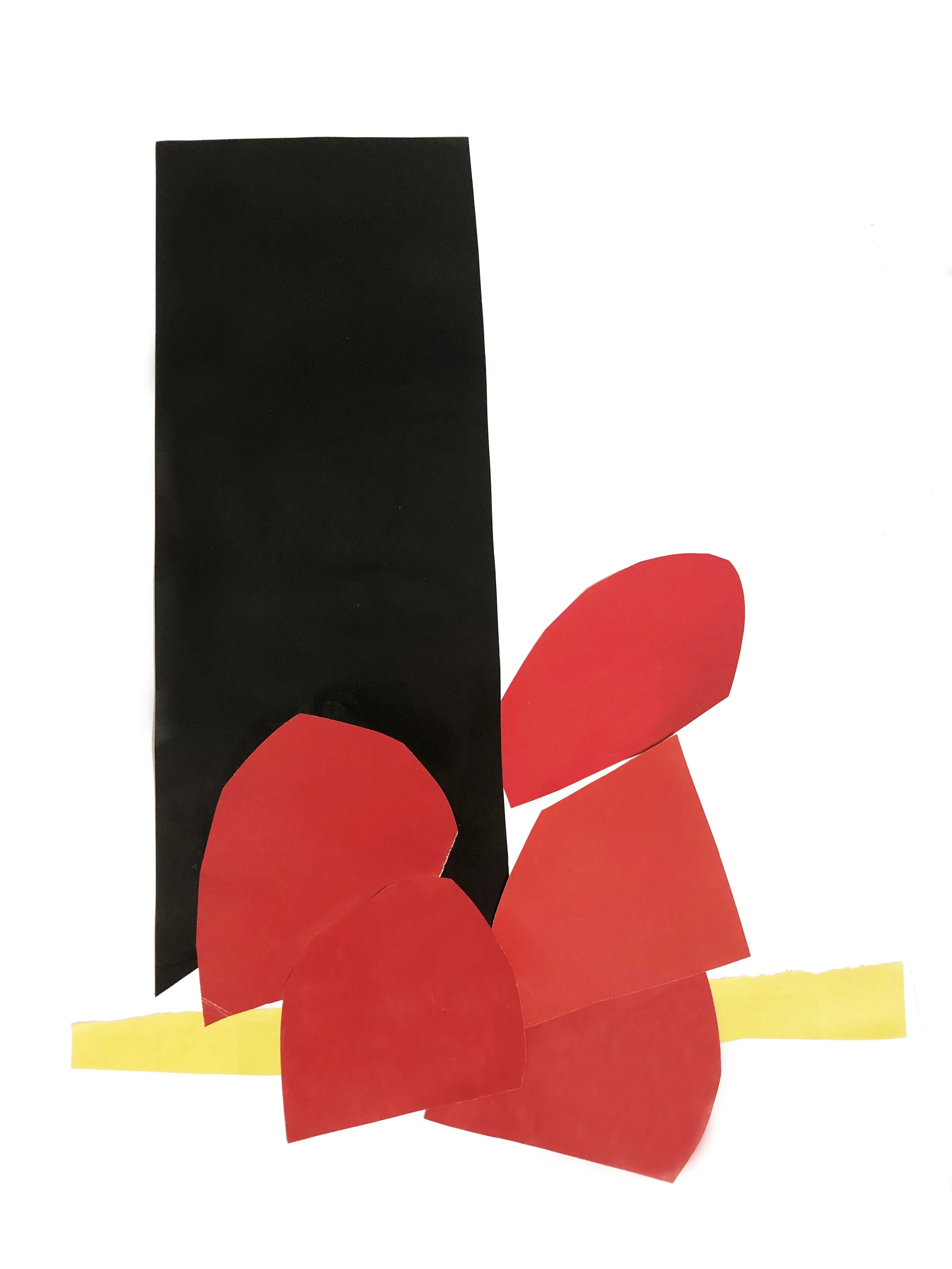Abstract artwork with colored shapes in red, black and yellow.