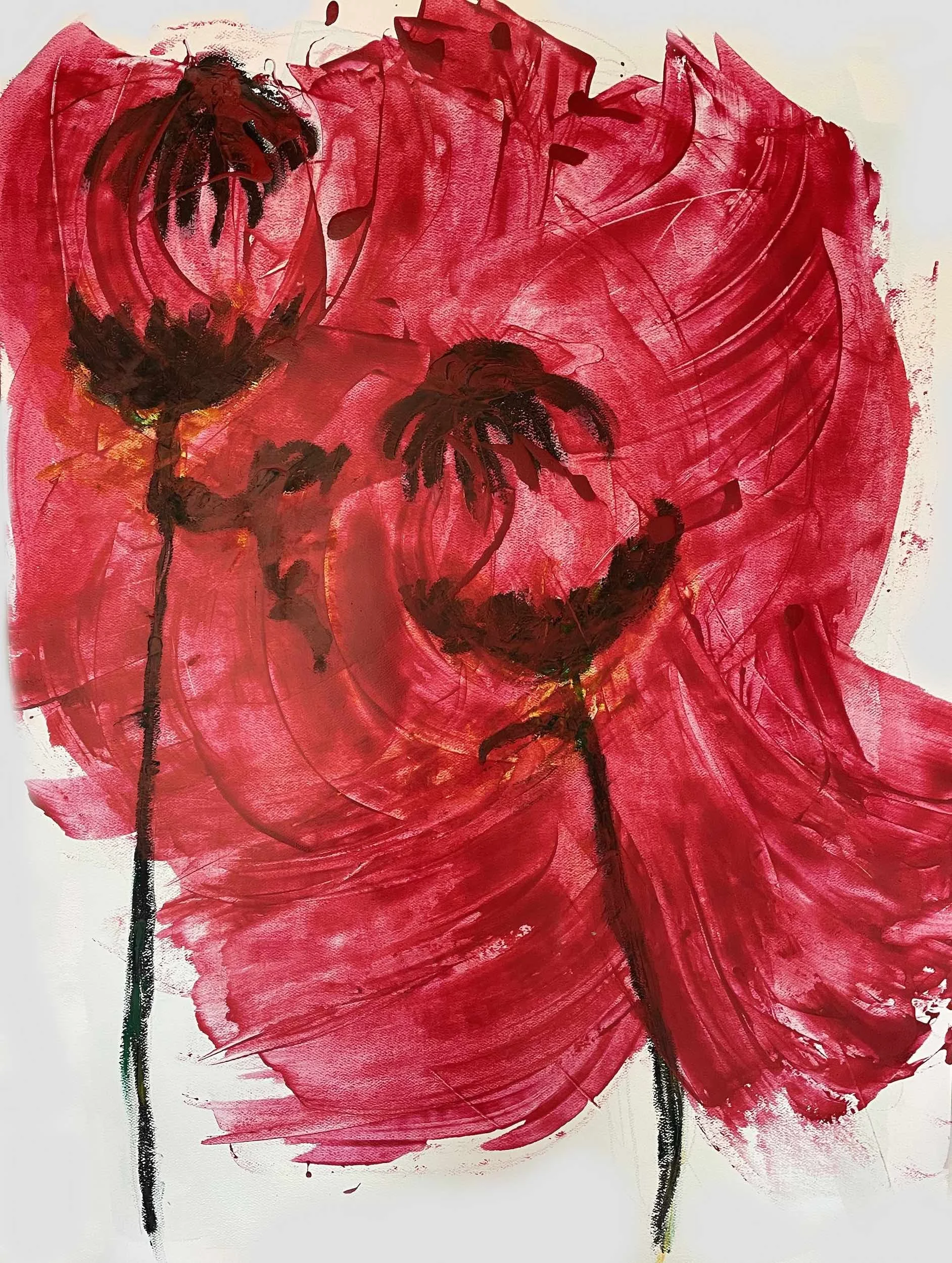 Abstract painting of a person's face with red and black brushstrokes, featuring two tall flowers in front.