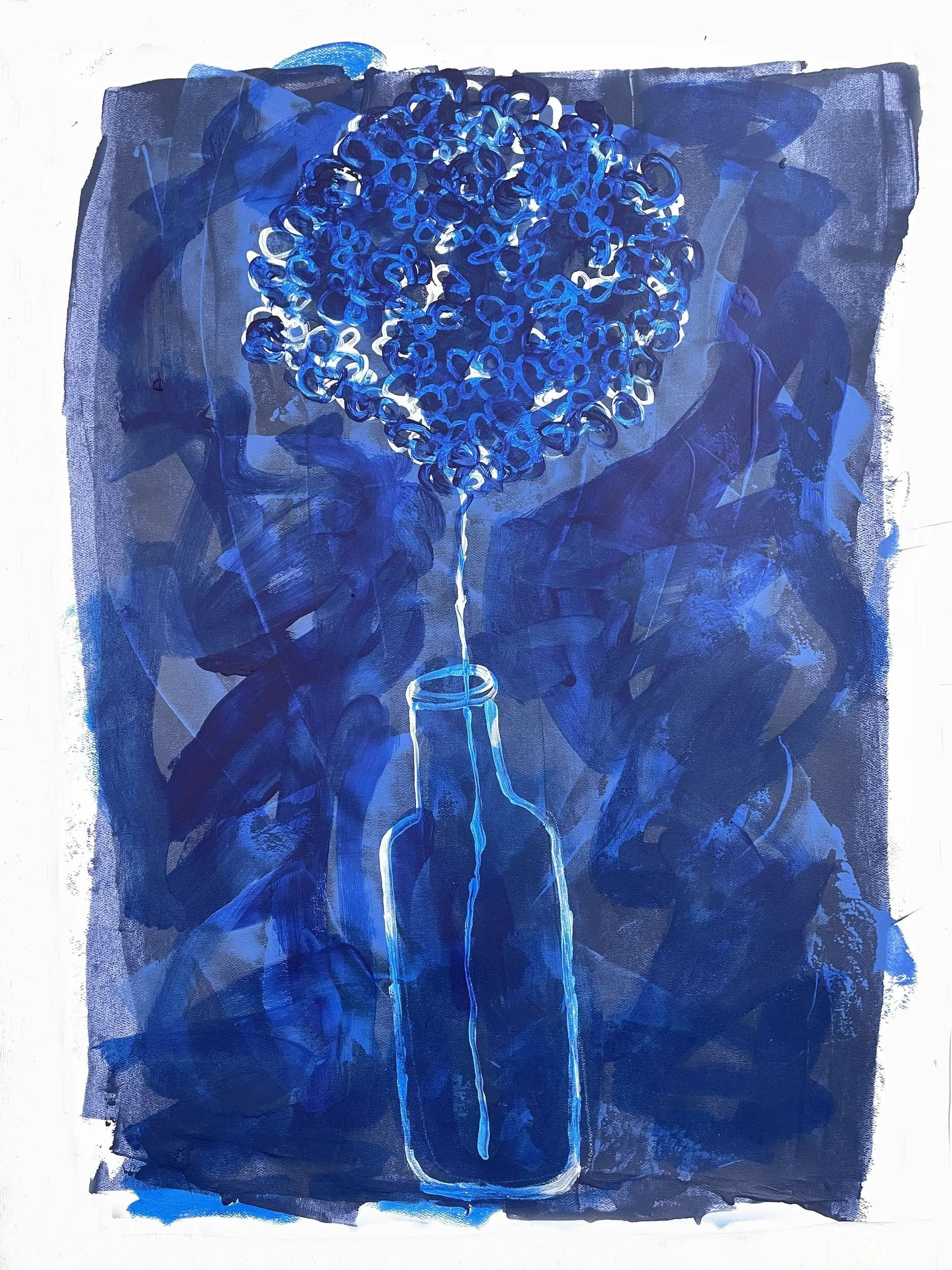 An abstract painting in shades of blue depicting a bottle with a tree-like shape emerging from it, composed of red and blue circles, against a textured blue background.