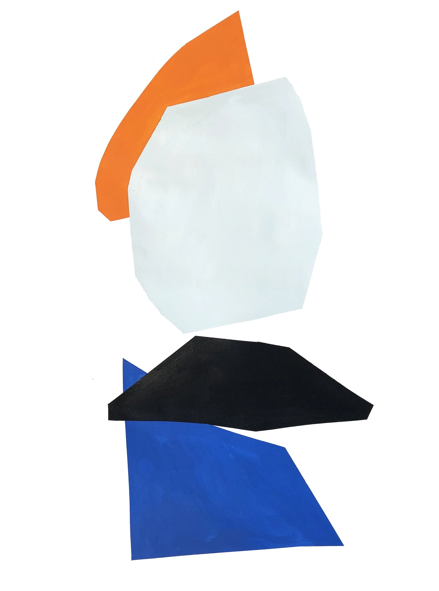Abstract collage made of irregular colored paper shapes including orange, white, black, and blue on a white background.