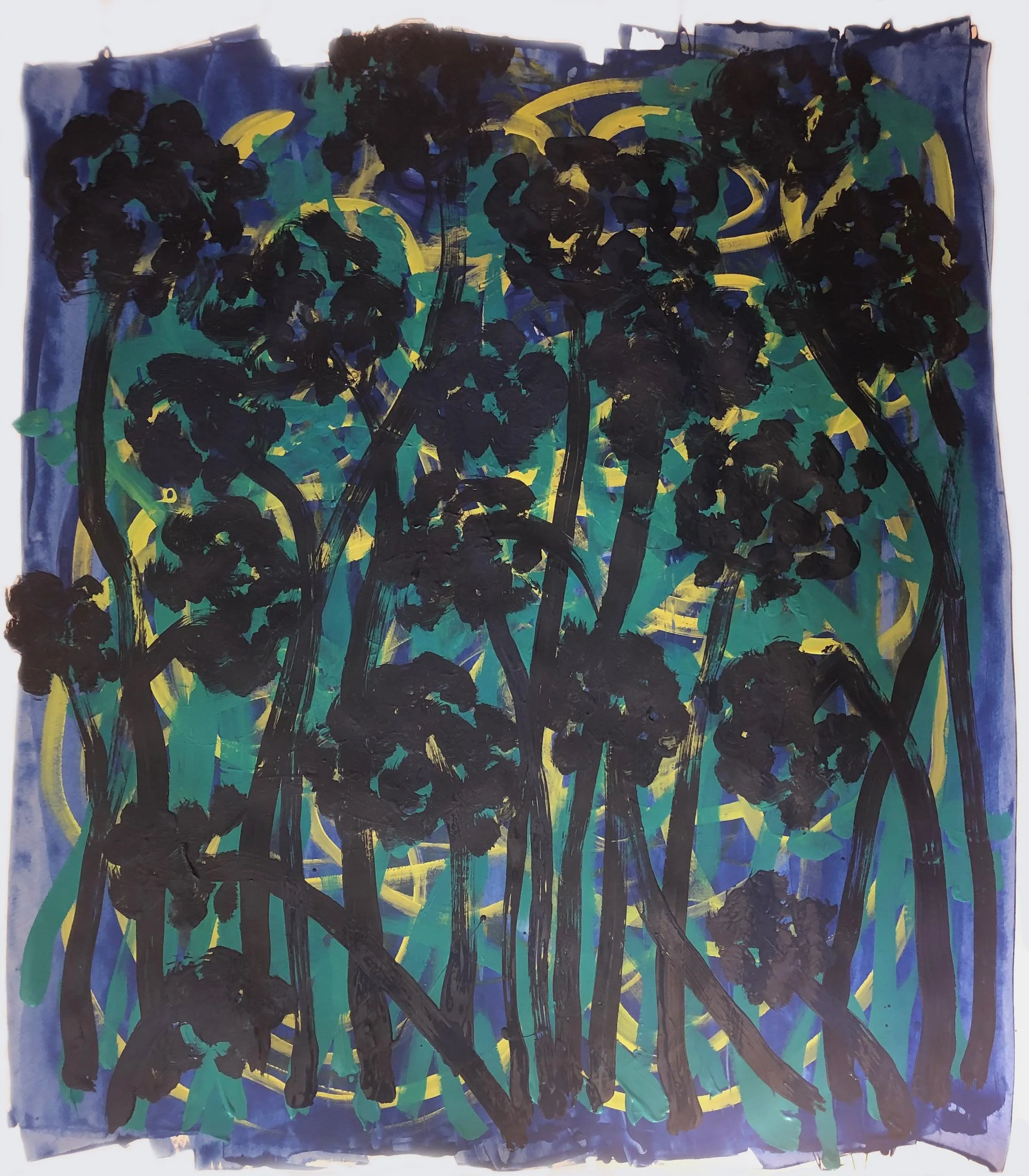 Abstract painting of tall trees with dark green foliage, set against a blue and yellow background.