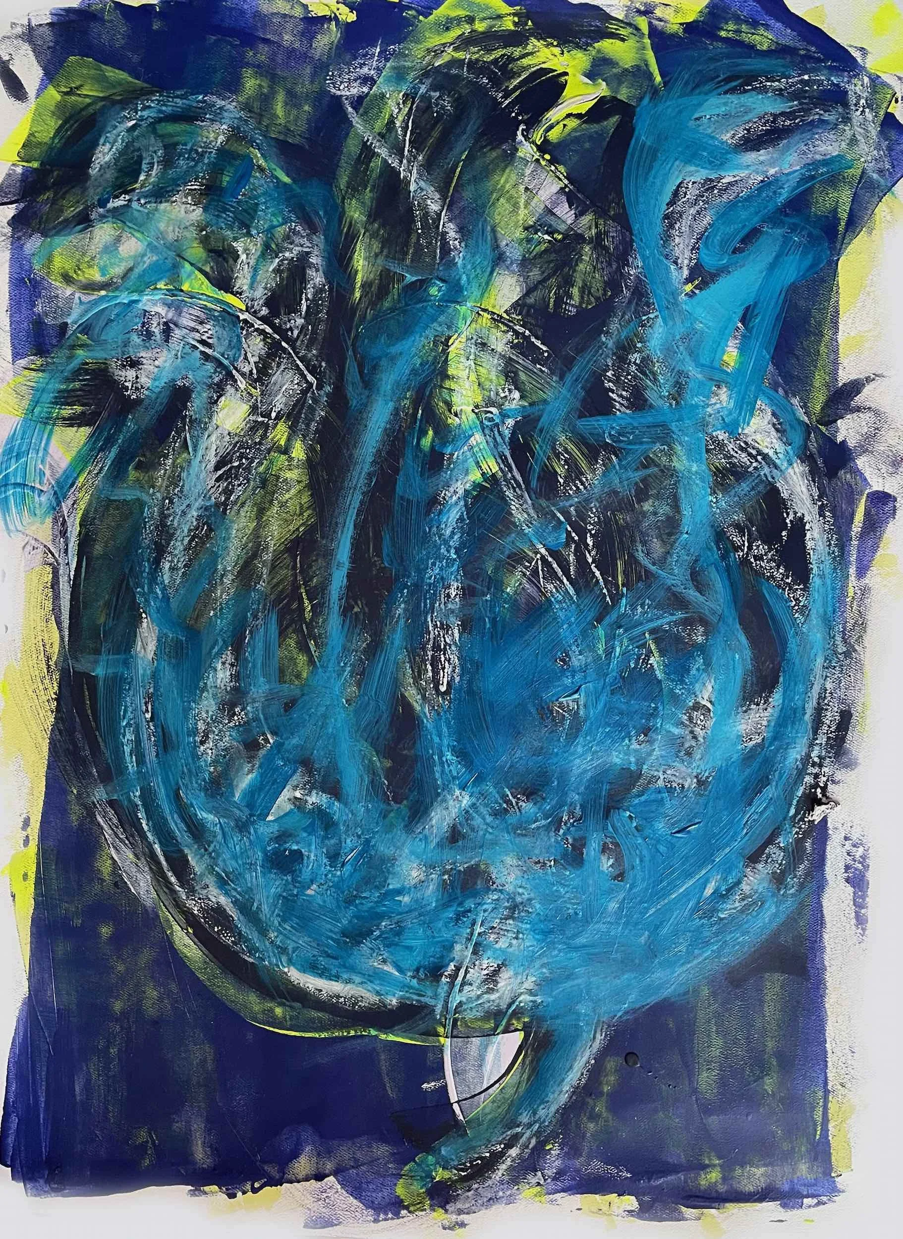 Abstract painting with bold blue, yellow, black, and white brush strokes creating a dynamic and energetic composition.