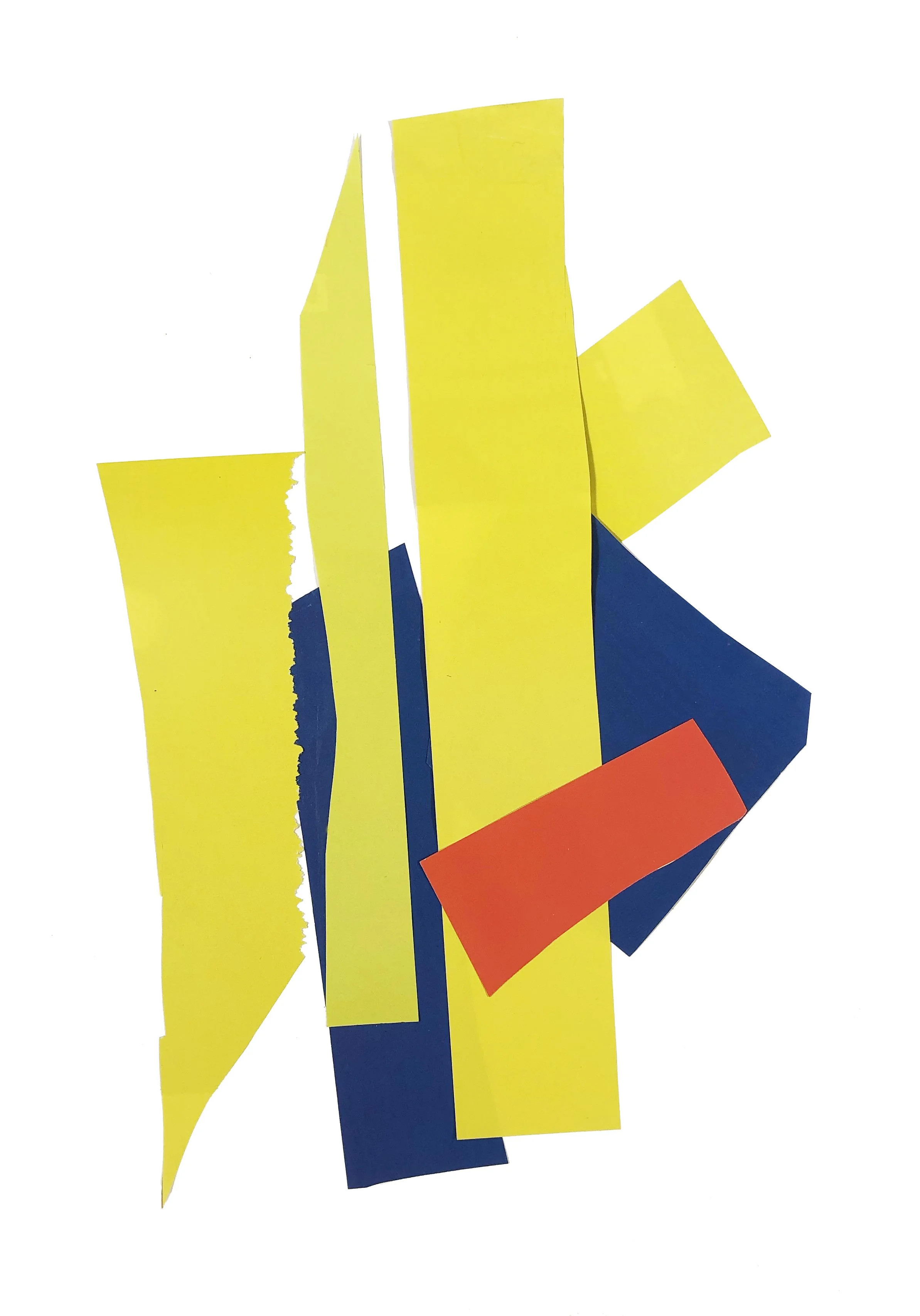 Abstract artwork with colored shapes in blue, orange and yellow.