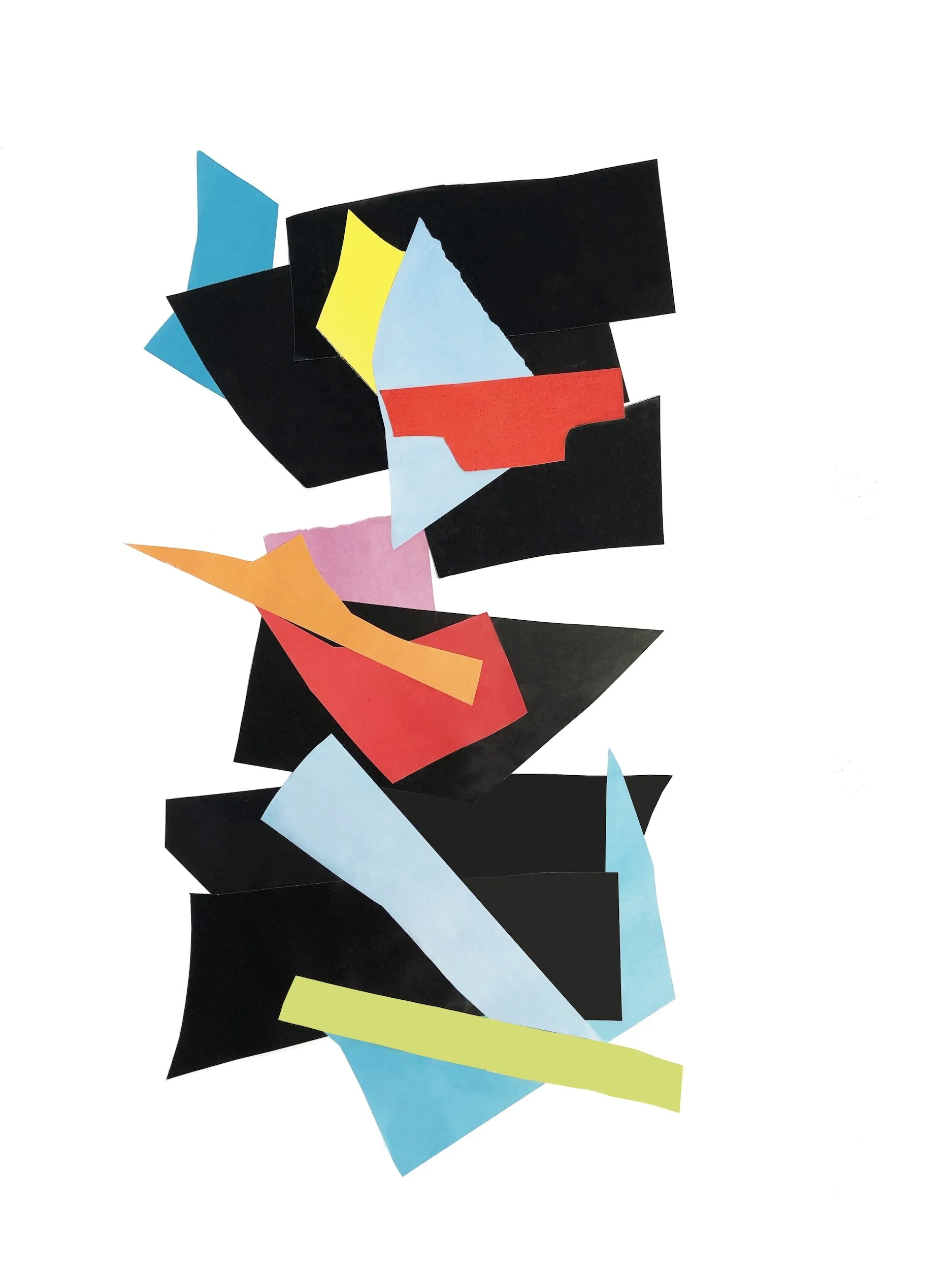 Abstract collage featuring torn and cut paper shapes in black, red, blue, yellow, orange, pink, and green on a white background.