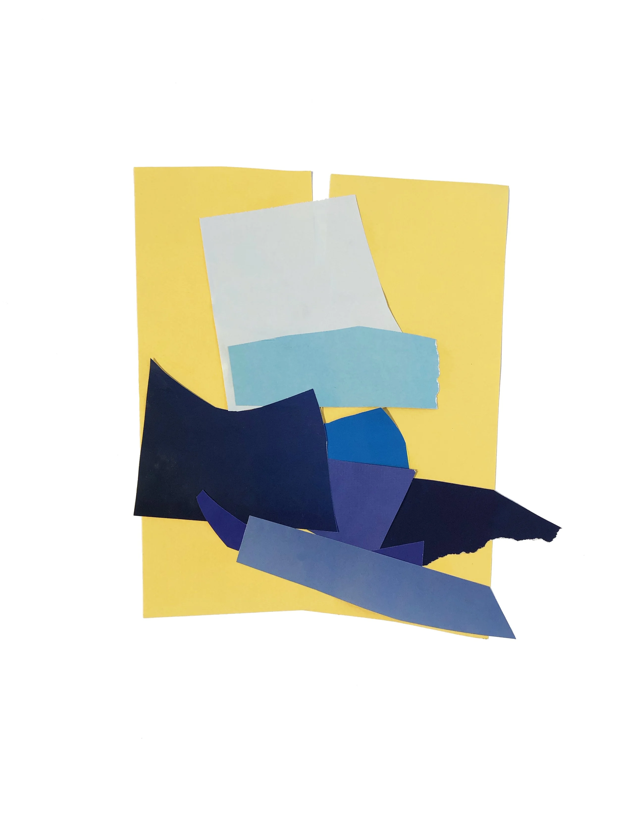 Abstract artwork with colored shapes in blue, on yellow background.