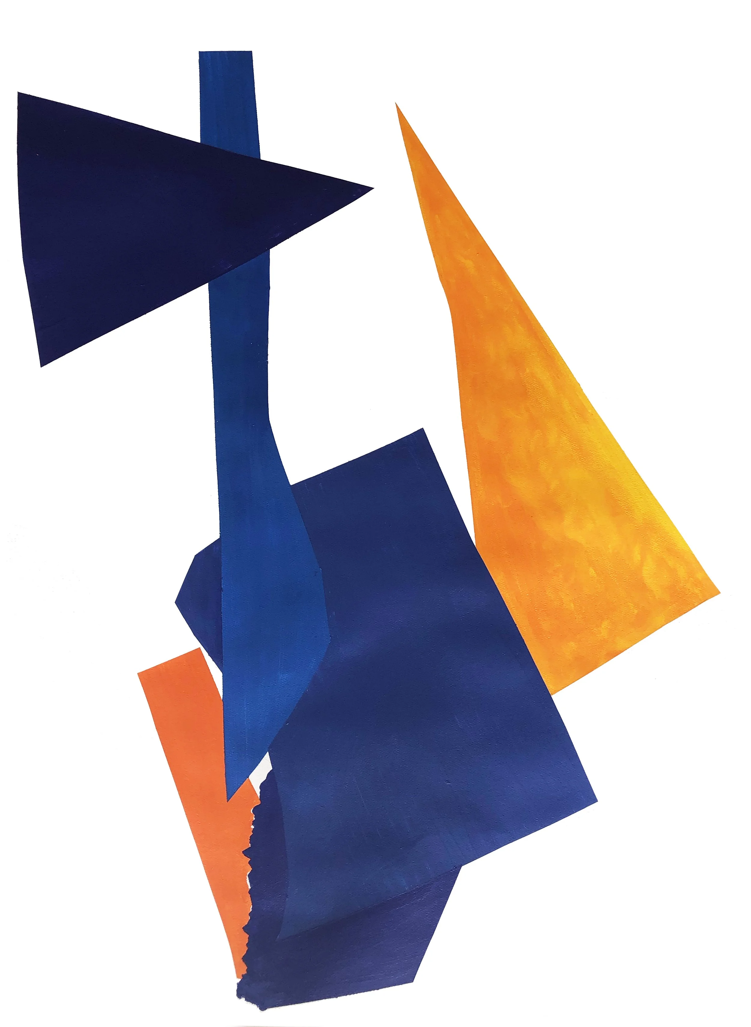 Abstract artwork with colored shapes in blue, orange and yellow.