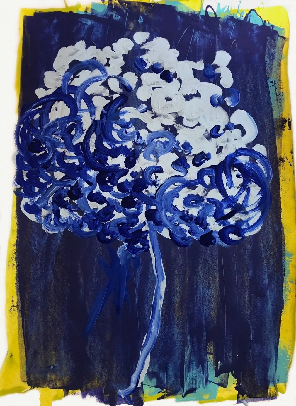 An abstract painting of a blue and white flower on a dark background with a yellow border.