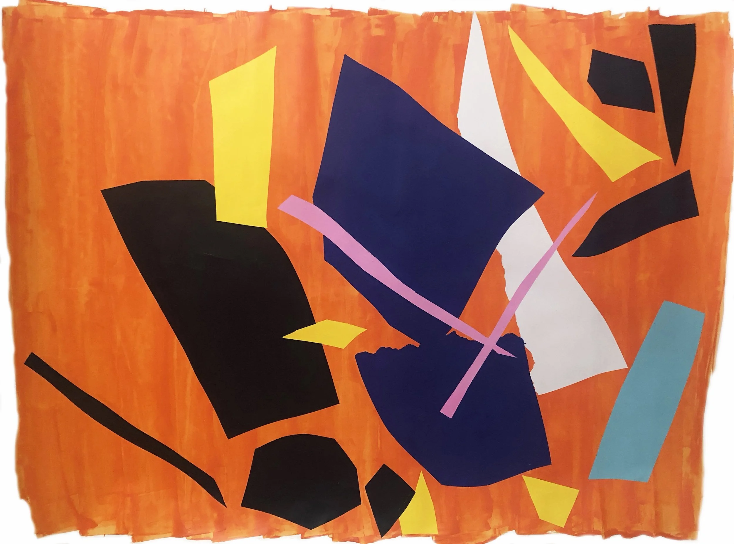 Abstract collage with various colorful geometric shapes on an orange background.