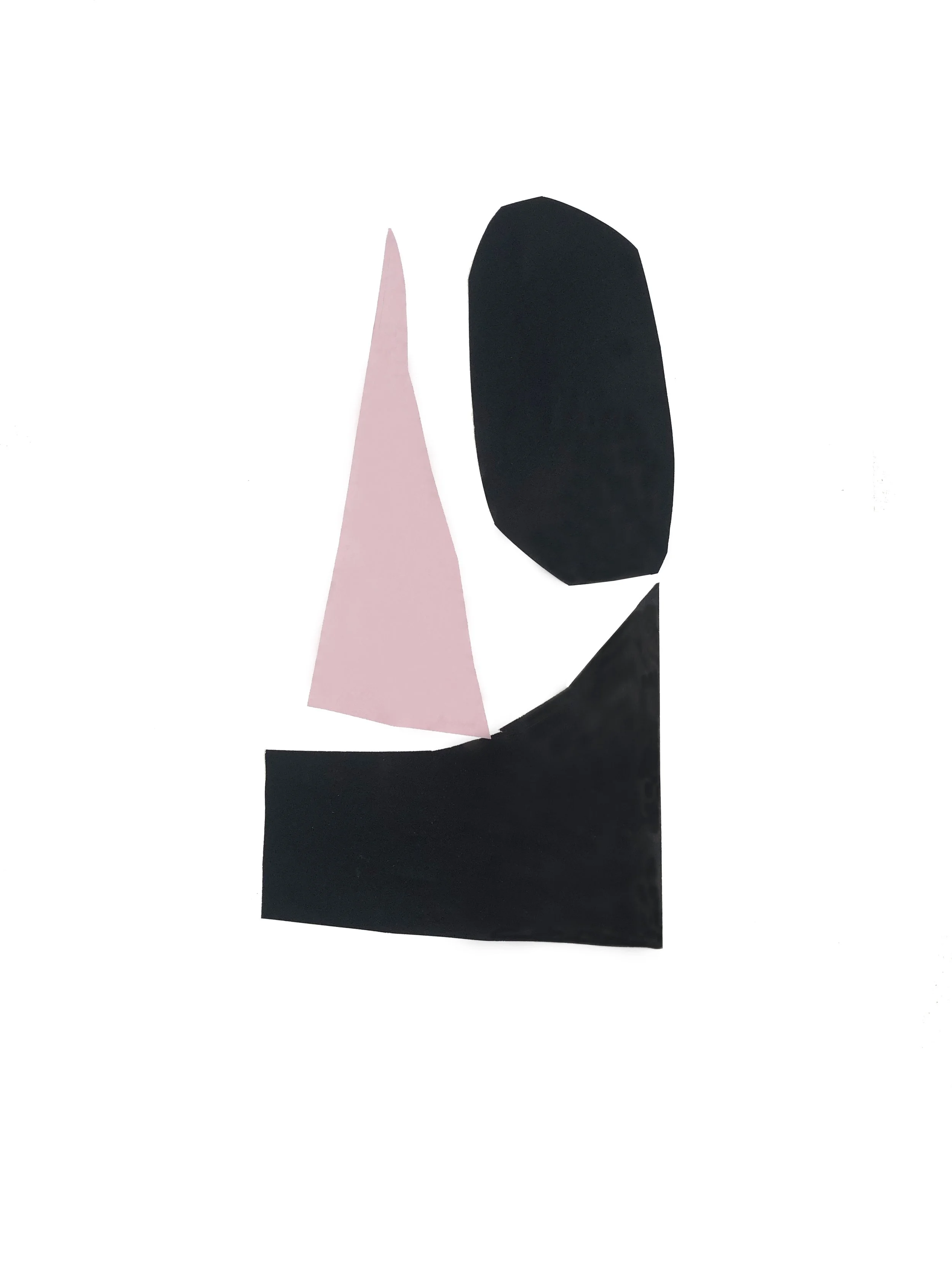 Abstract artwork with colored shapes in pink and black.