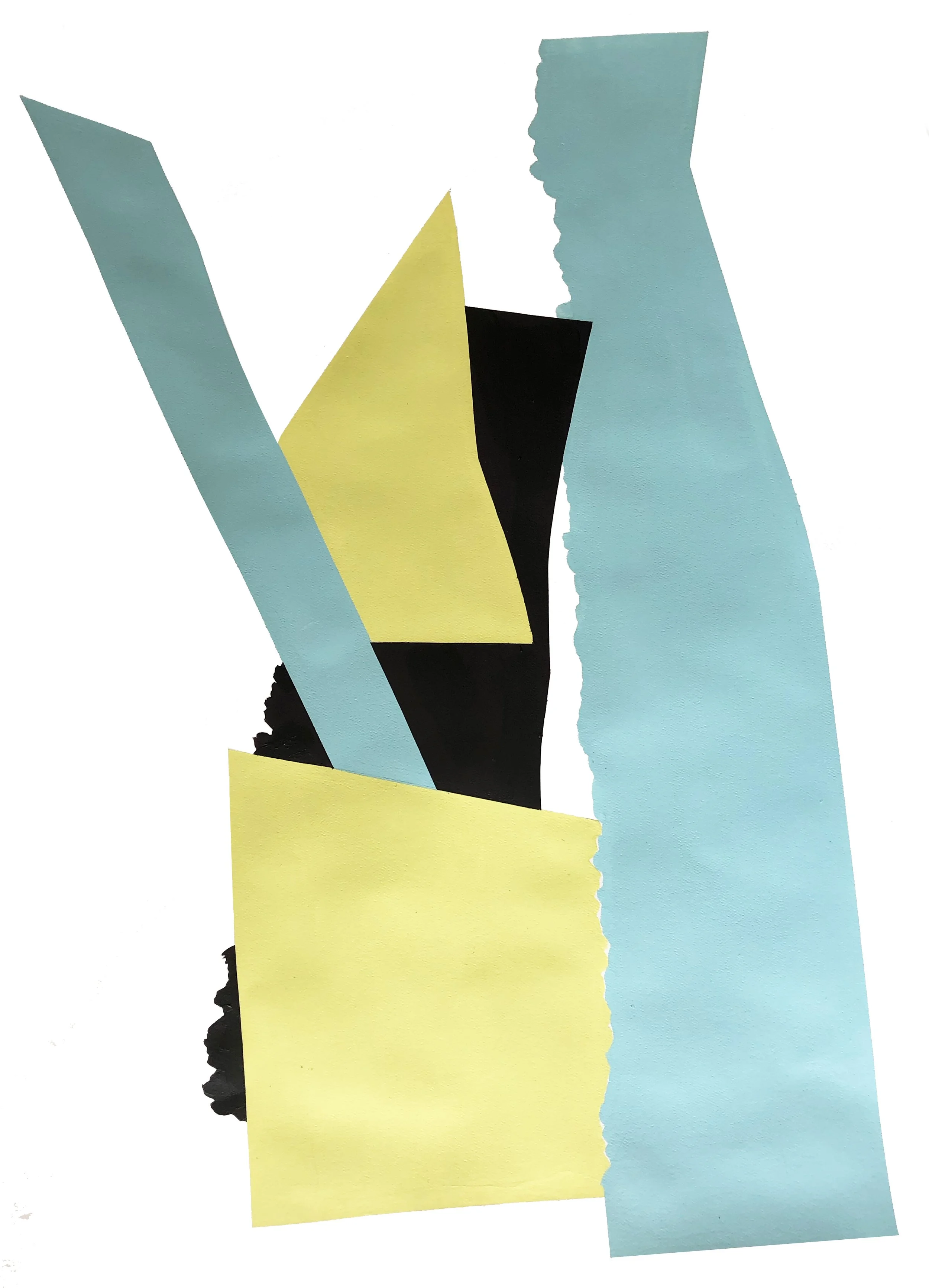 Abstract artwork with colored shapes in blue, black and yellow.