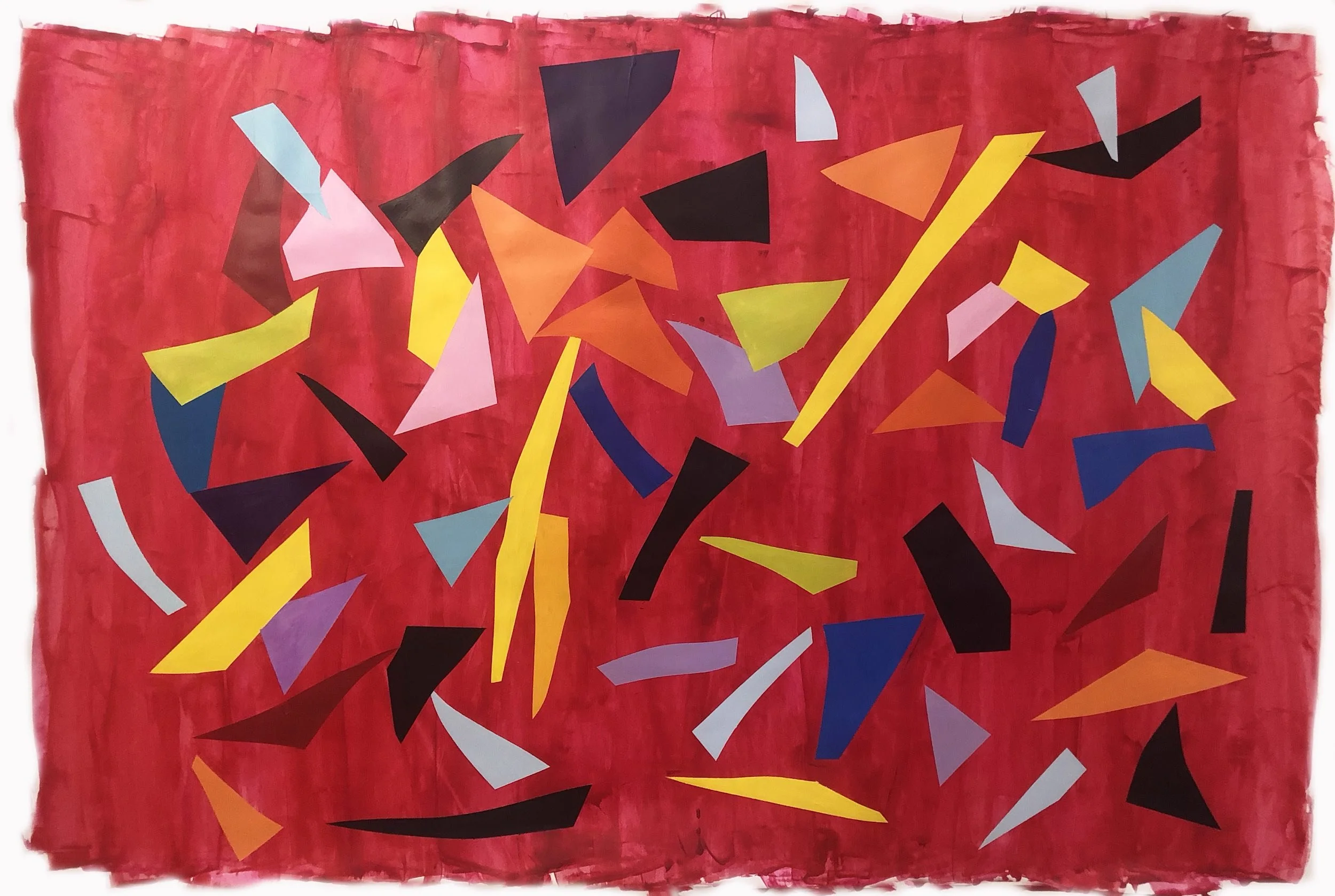 Abstract collage with various colored cutouts of triangles and trapezoids on a red textured background.