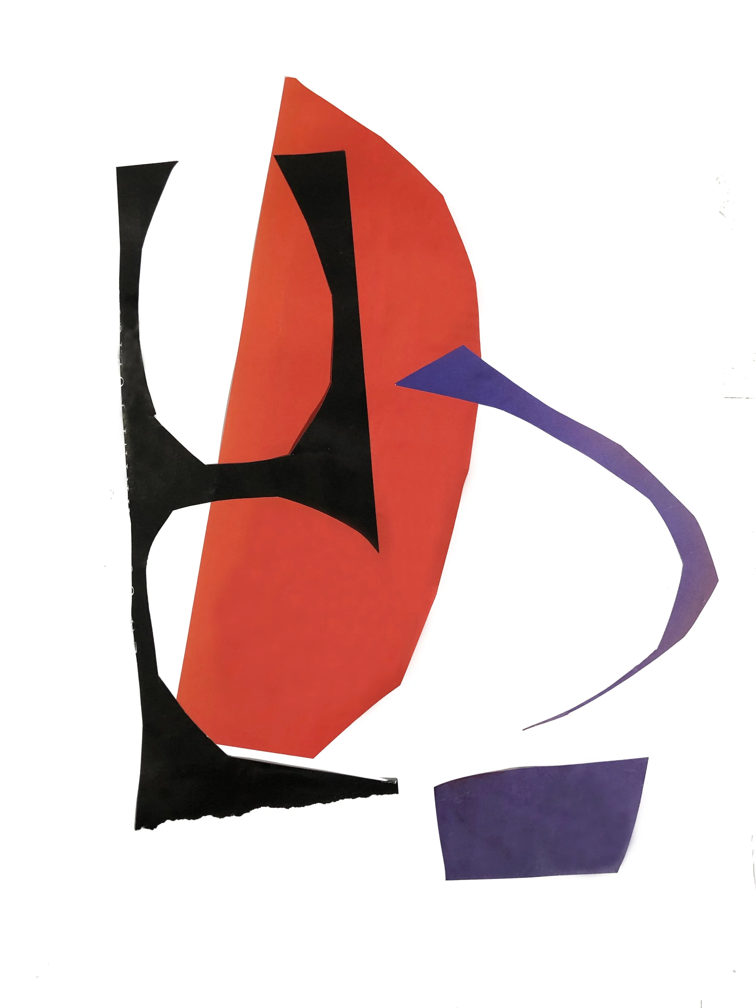 Abstract artwork with colored shapes in red and black.