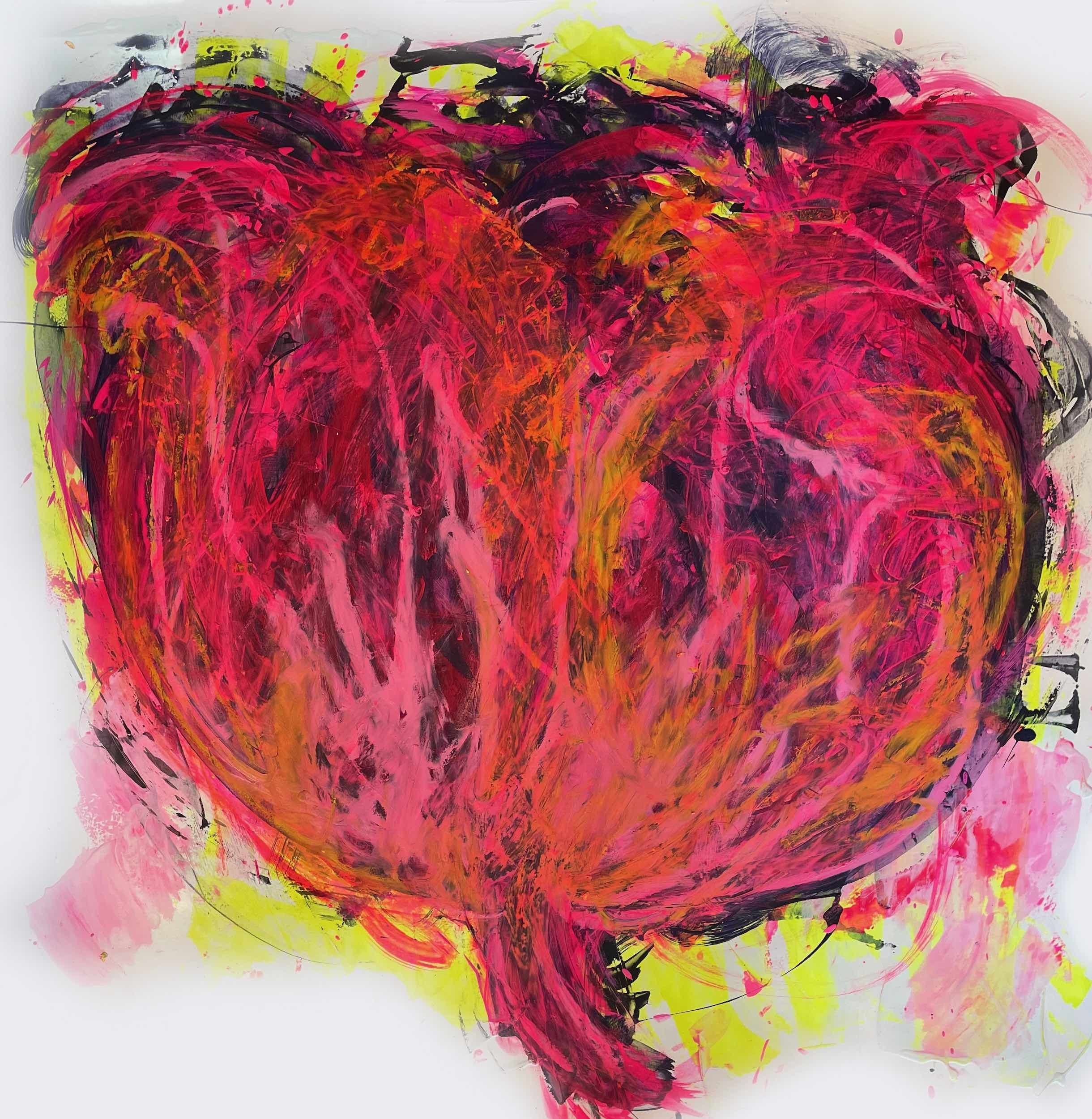 Abstract painting of a large, vibrant heart with pink, red, orange, black, and yellow brushstrokes.