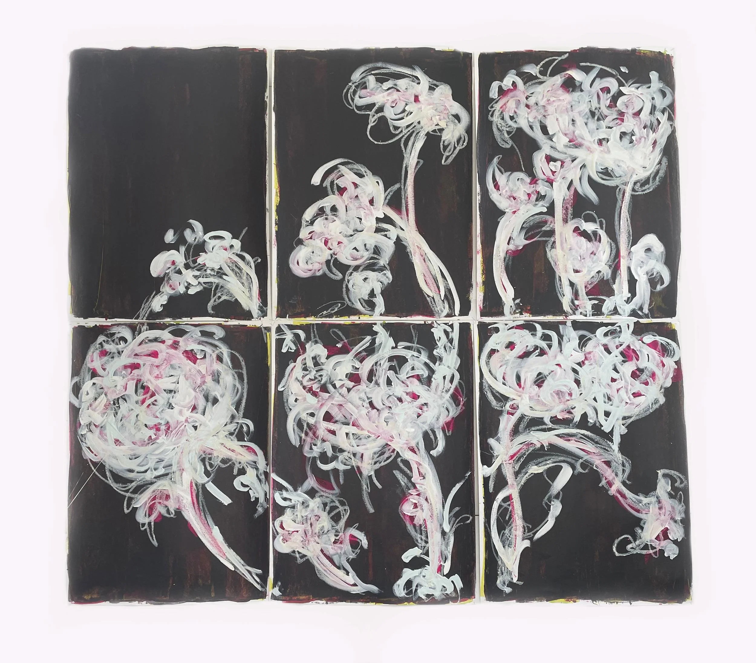 Six-panel abstract painting with floral motifs in white and pink on a black background.