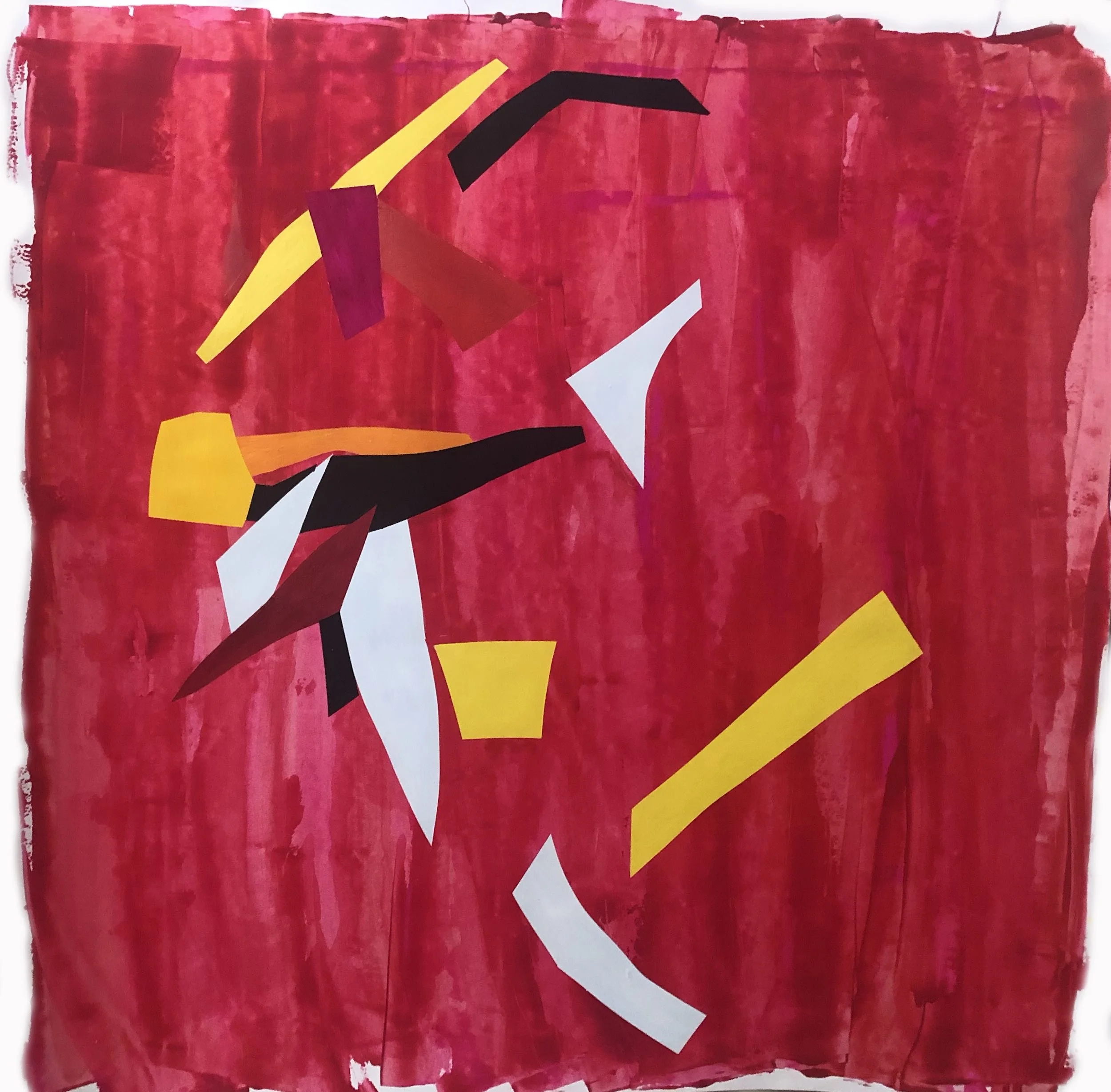 Abstract collage artwork with various colored paper pieces on a red painted background.