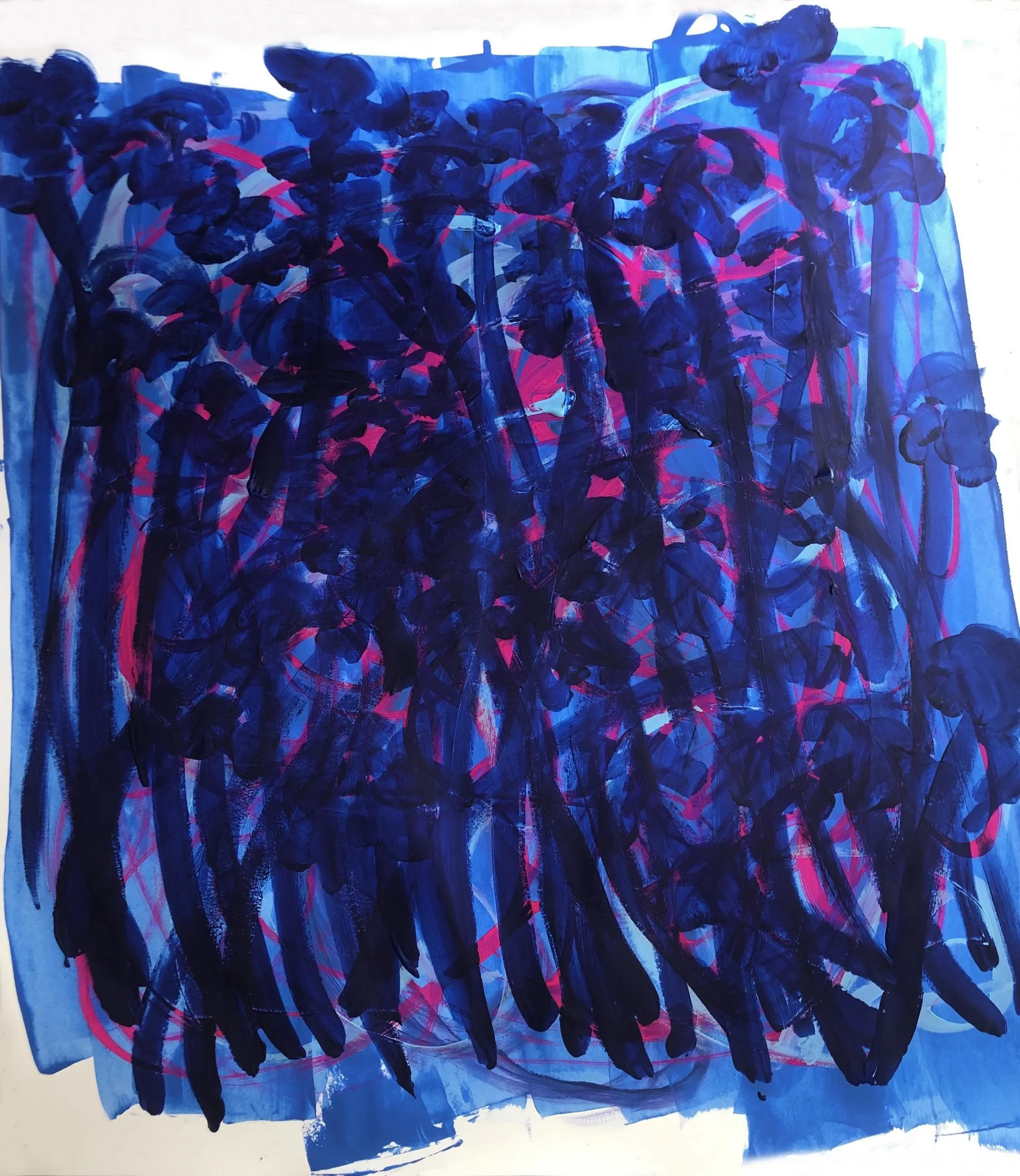 Abstract painting with dark blue, pink, and light blue brushstrokes on a light background.