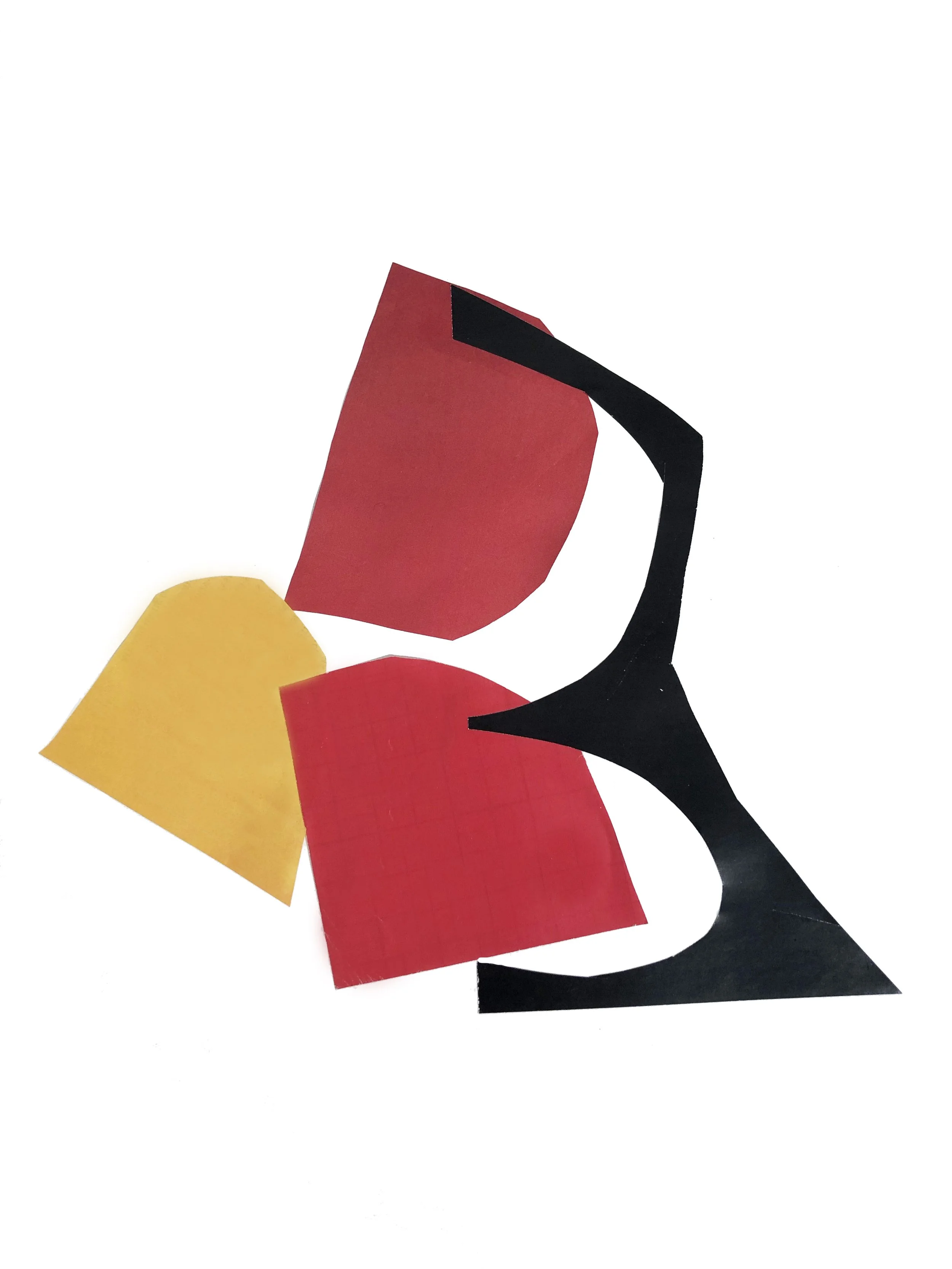 Abstract artwork with colored shapes in red, black and yellow.