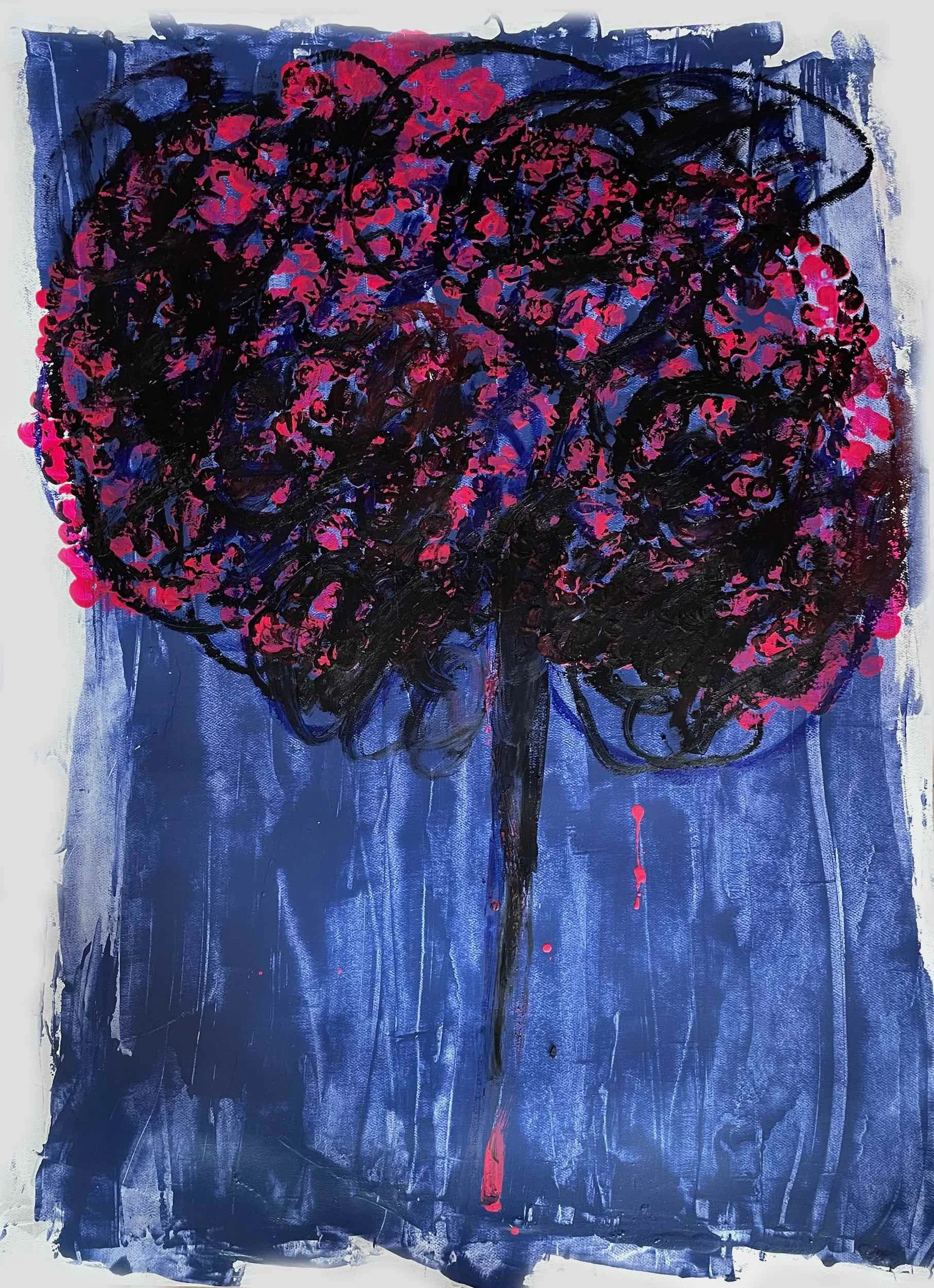 An abstract painting of a tree with a large, rounded crown. The tree's leaves are depicted with pink and purple dabs of paint, and the trunk and branches are painted in black. The background is a textured blue with streaks of lighter and darker shade