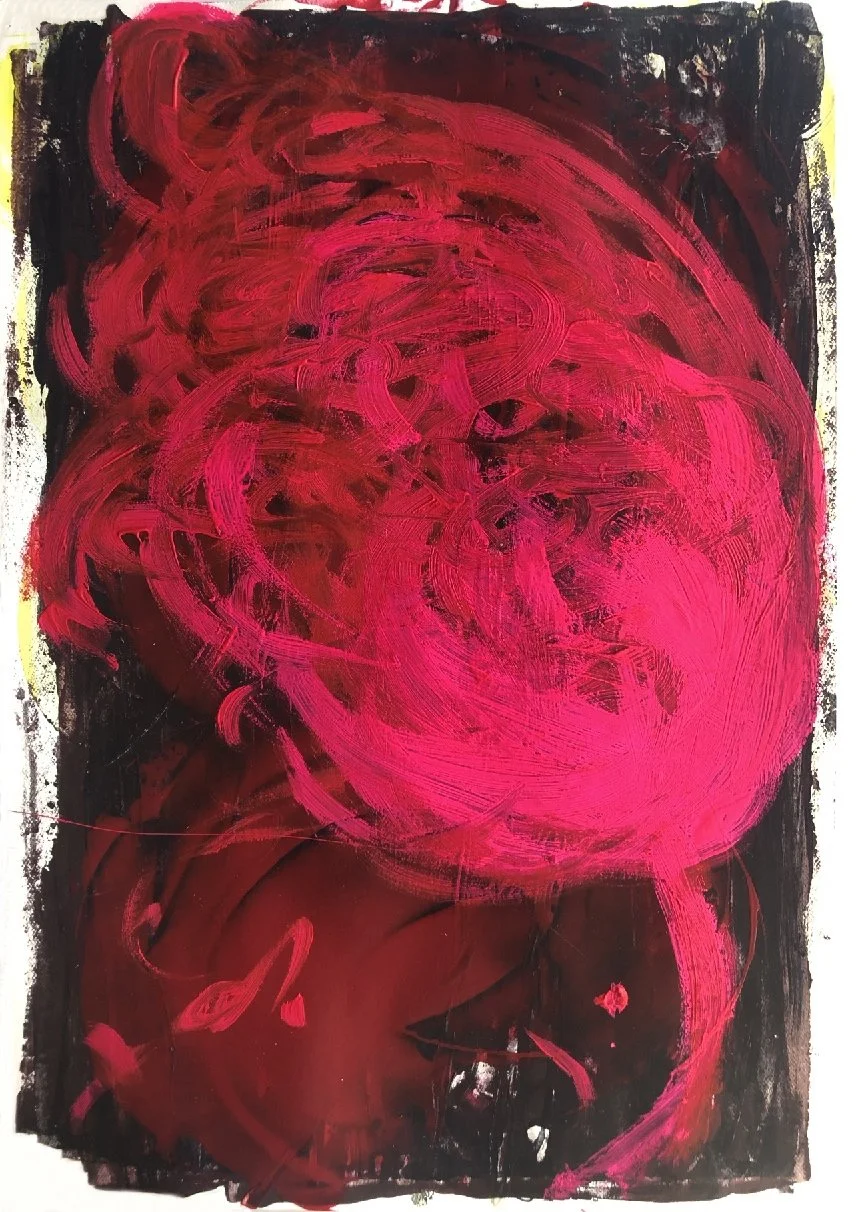 Abstract painting with bright pink brushstrokes on a dark background.