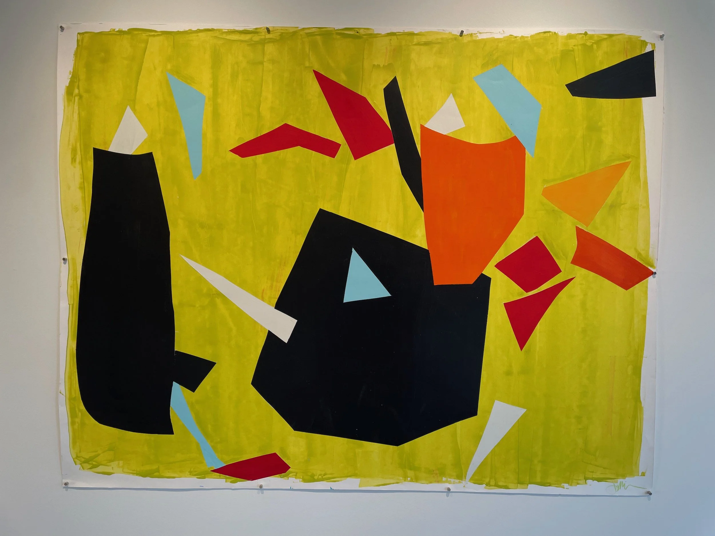 Abstract collage with large black shapes, yellow background, and smaller red, orange, blue, and white geometric paper pieces.