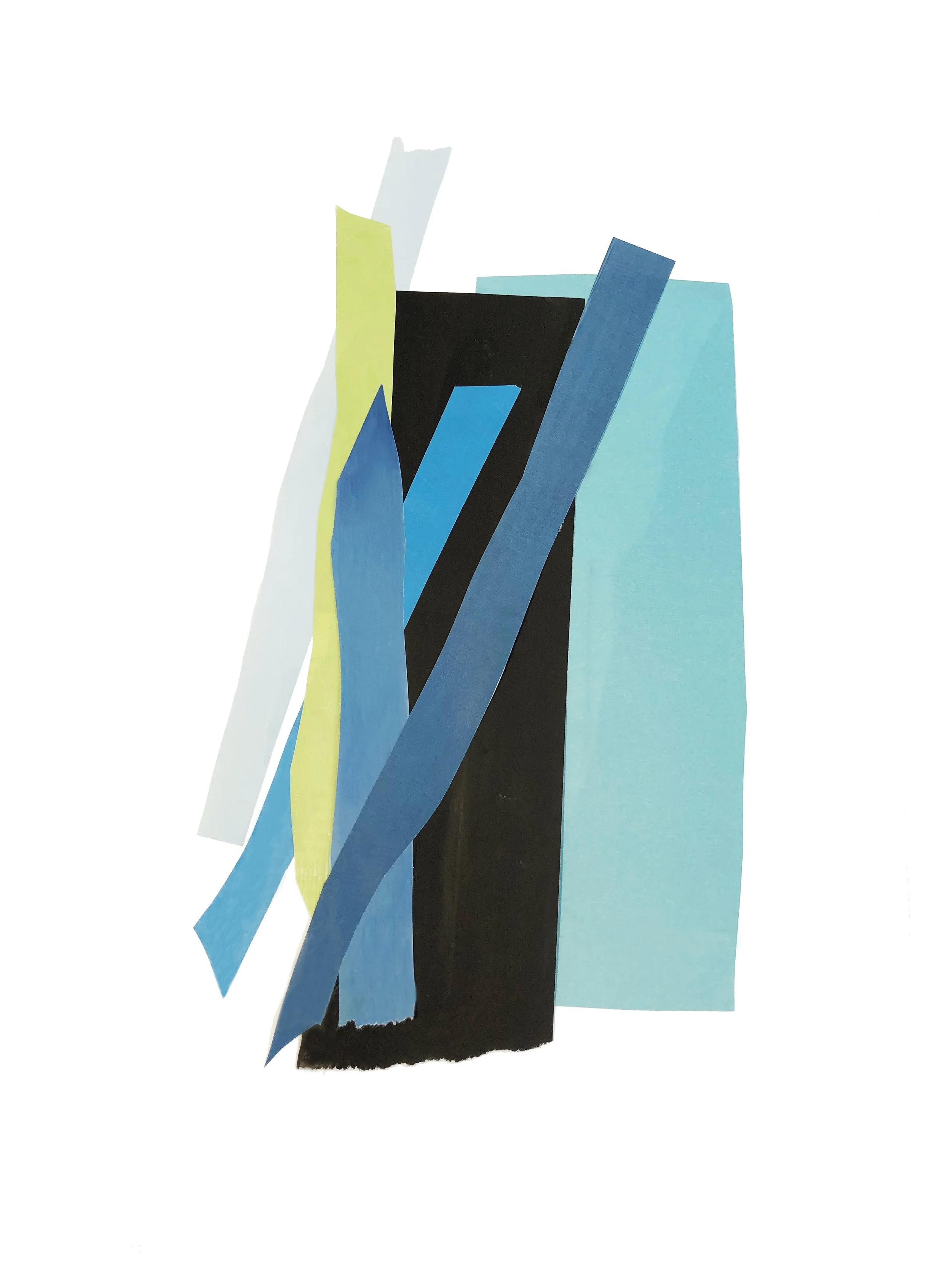 Abstract artwork with colored shapes in blue, black and yellow.