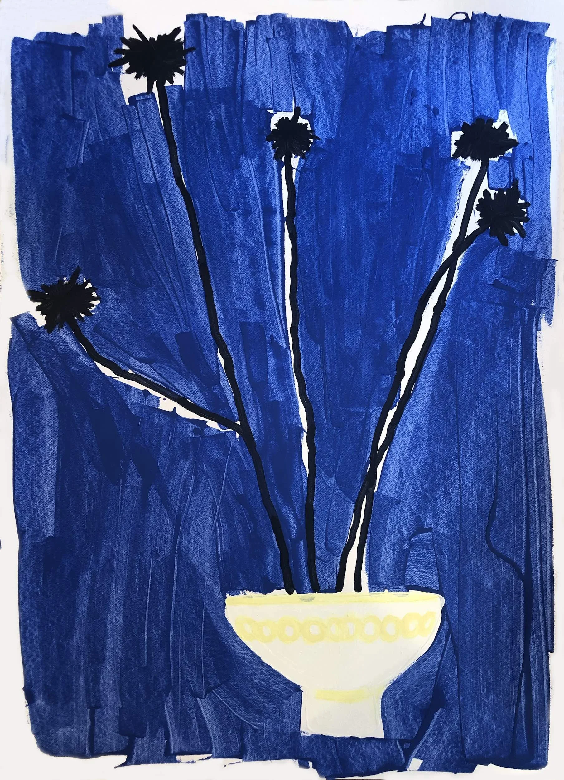 Painting of a white vase with yellow details holding five black flowers with long stems against a textured blue background.